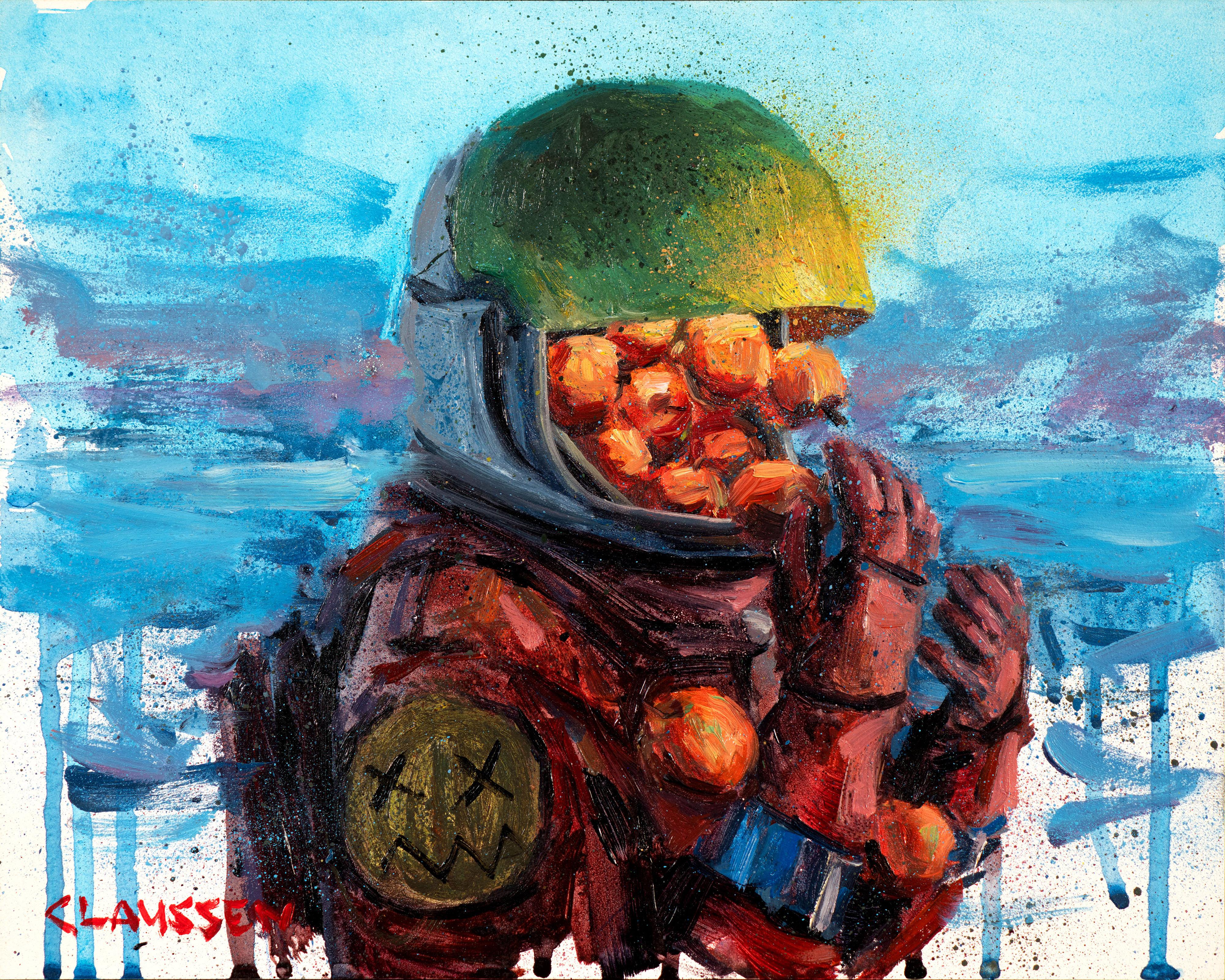 « Une pomme par jour maintient le docteur en route » (2023) par Andreas Claussen, huile sur panneau