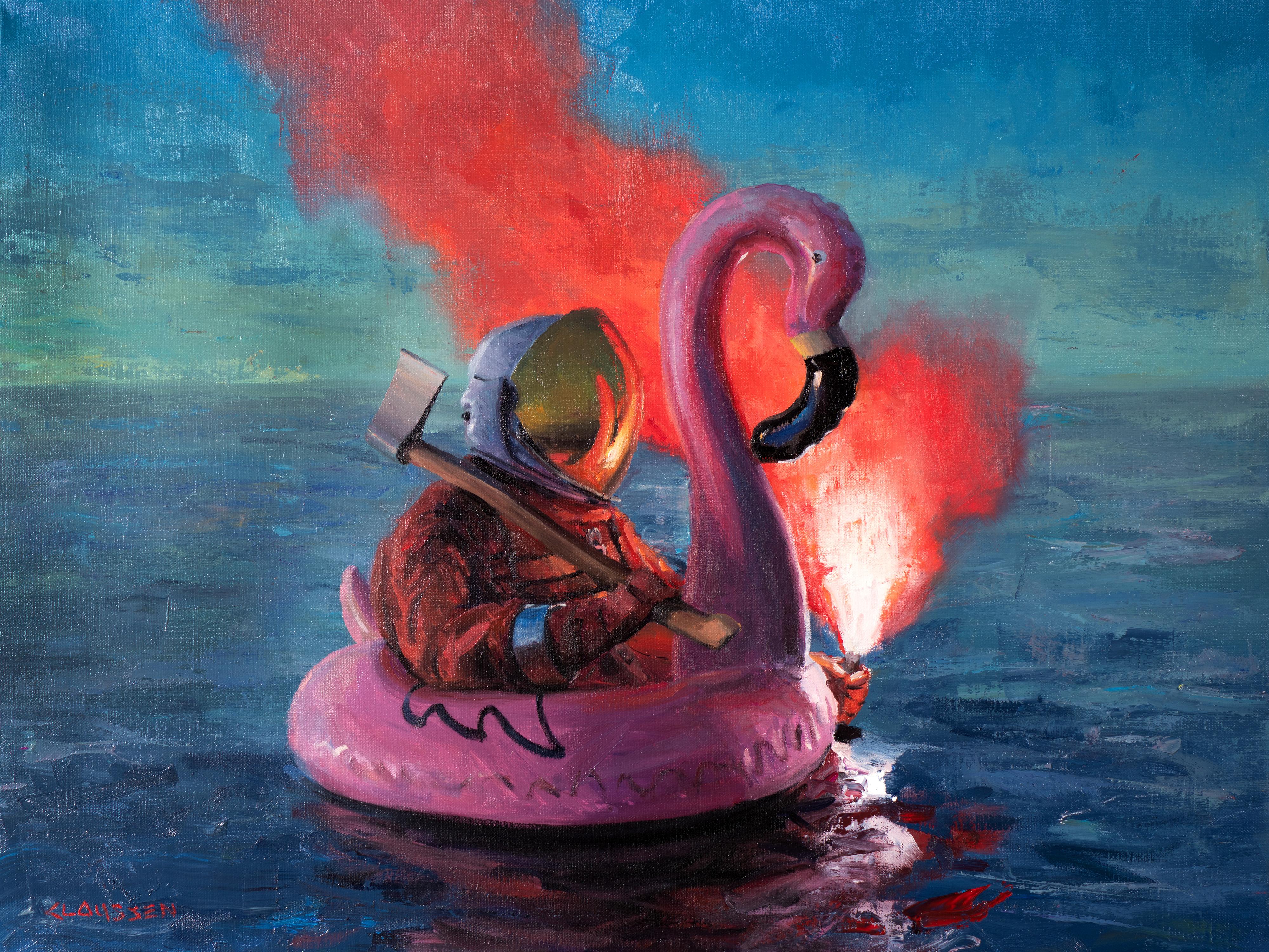 Andreas Claussen Animal Painting - "Axe, Tree, Raft. That’s a Plan" - Oil Painting Astronaut Floating in Water