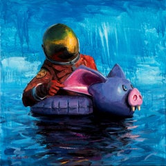 "Ten un buen sistema de navegación", pintura surrealista de un astronauta