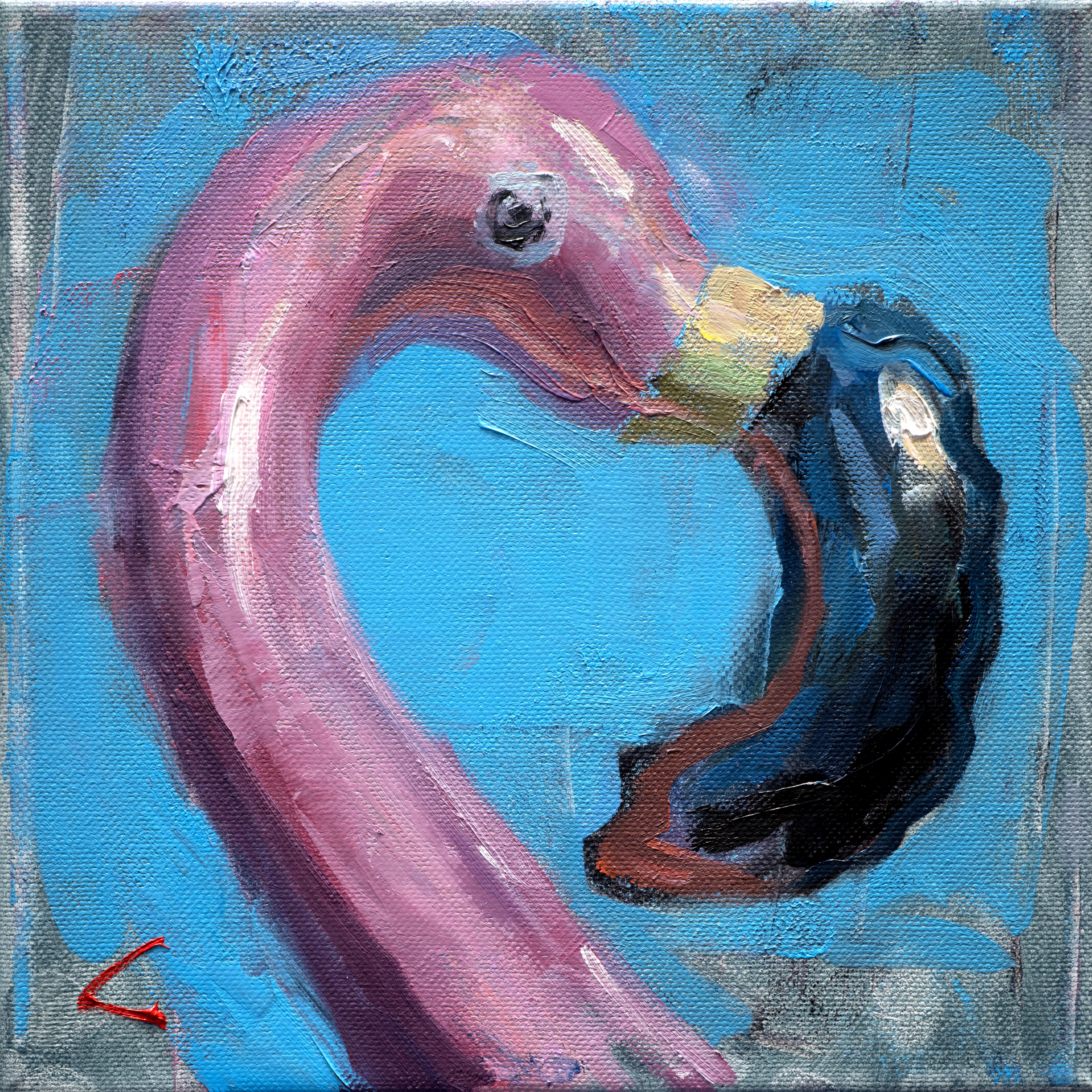 Andreas Claussen Figurative Painting – "Aufblasbarer Flamingo I" (2024) Zeitgenössisches realistisches Stilleben, Ölgemälde
