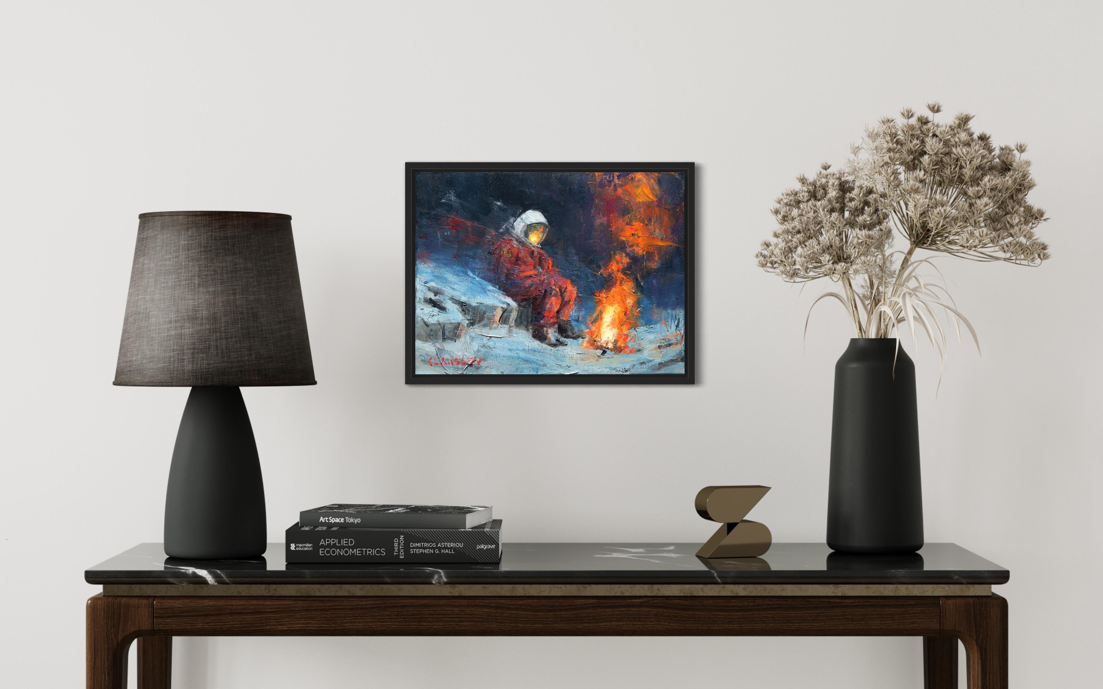 „Keep the Fire Alive“ – Ölgemälde, Astronaut mit Flamme, Astronaut mit Flamme – Painting von Andreas Claussen