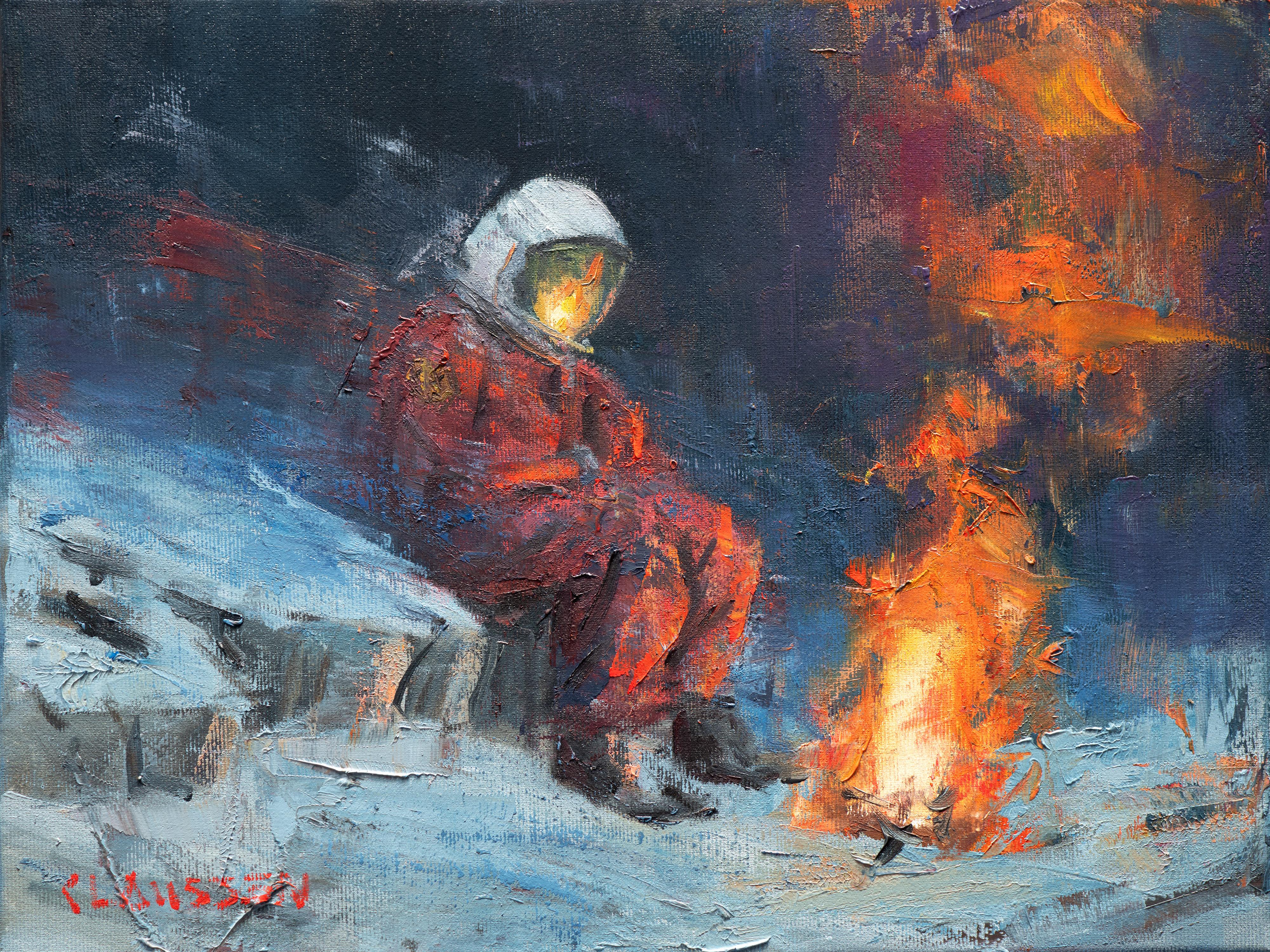 Andreas Claussen Figurative Painting – „Keep the Fire Alive“ – Ölgemälde, Astronaut mit Flamme, Astronaut mit Flamme