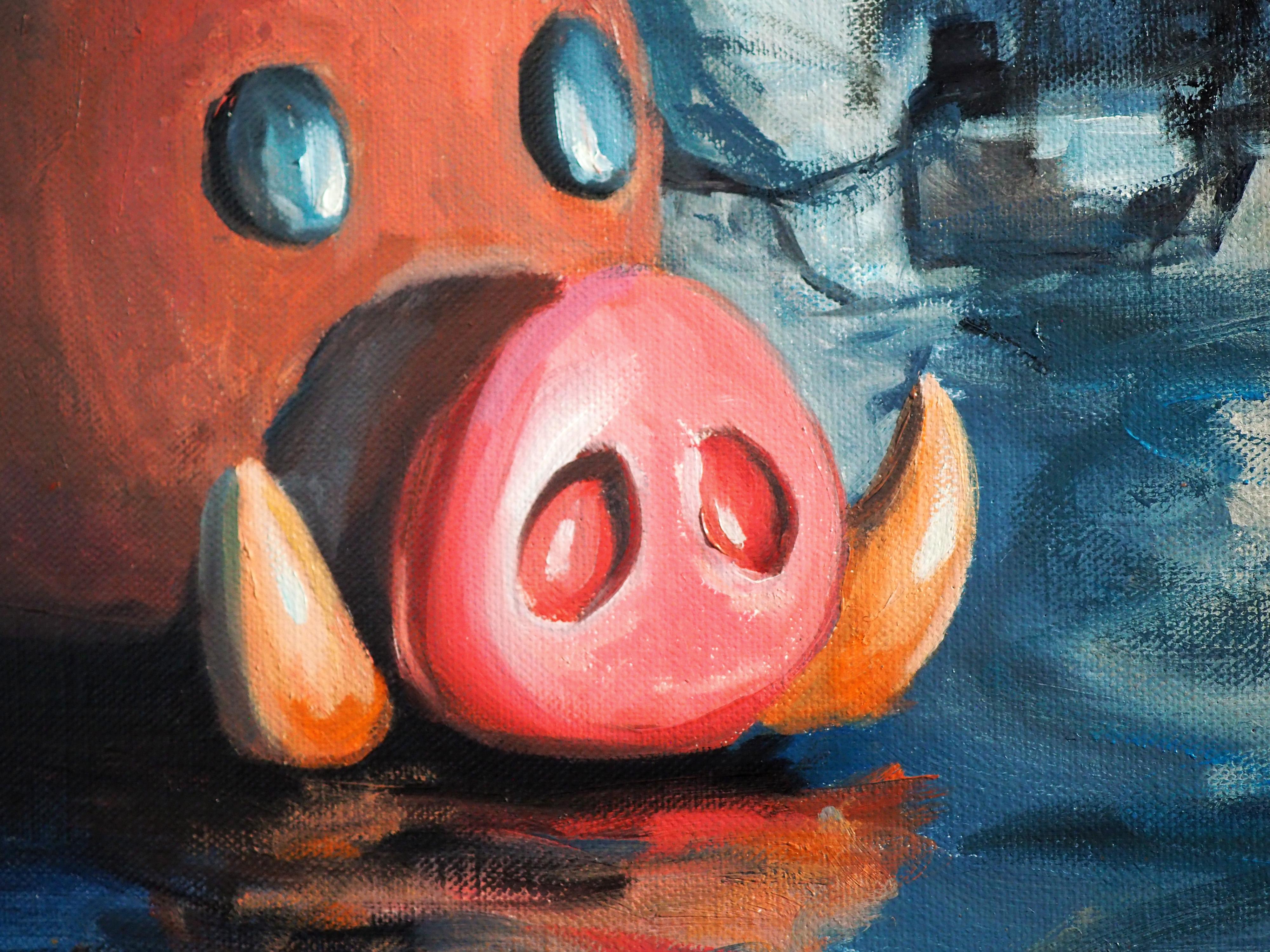 'No Paradise Without Food': Astronaut on Inflatable Pig  Oil Painting For Sale 8