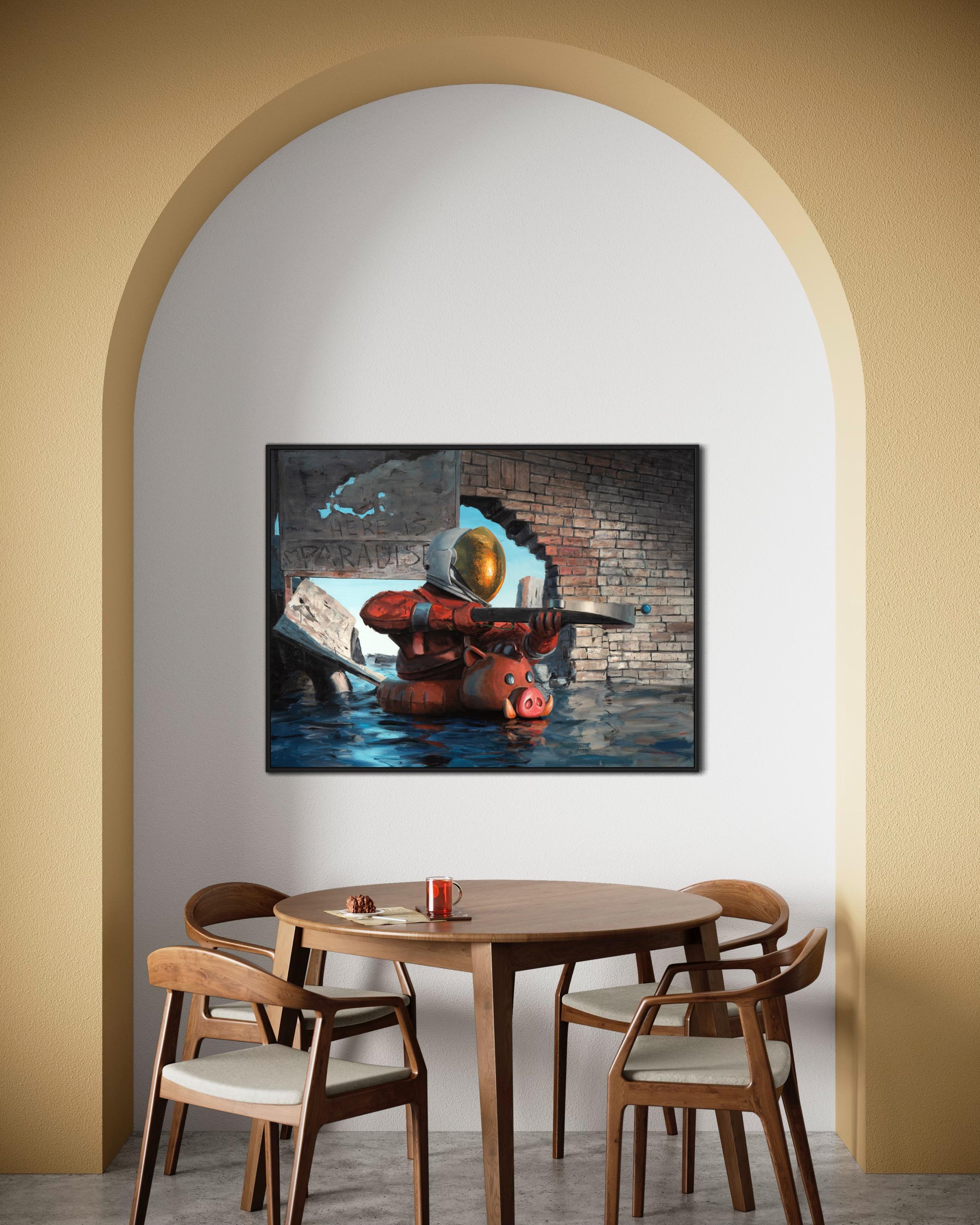 'No Paradise Without Food': Astronaut on Inflatable Pig  Oil Painting For Sale 12