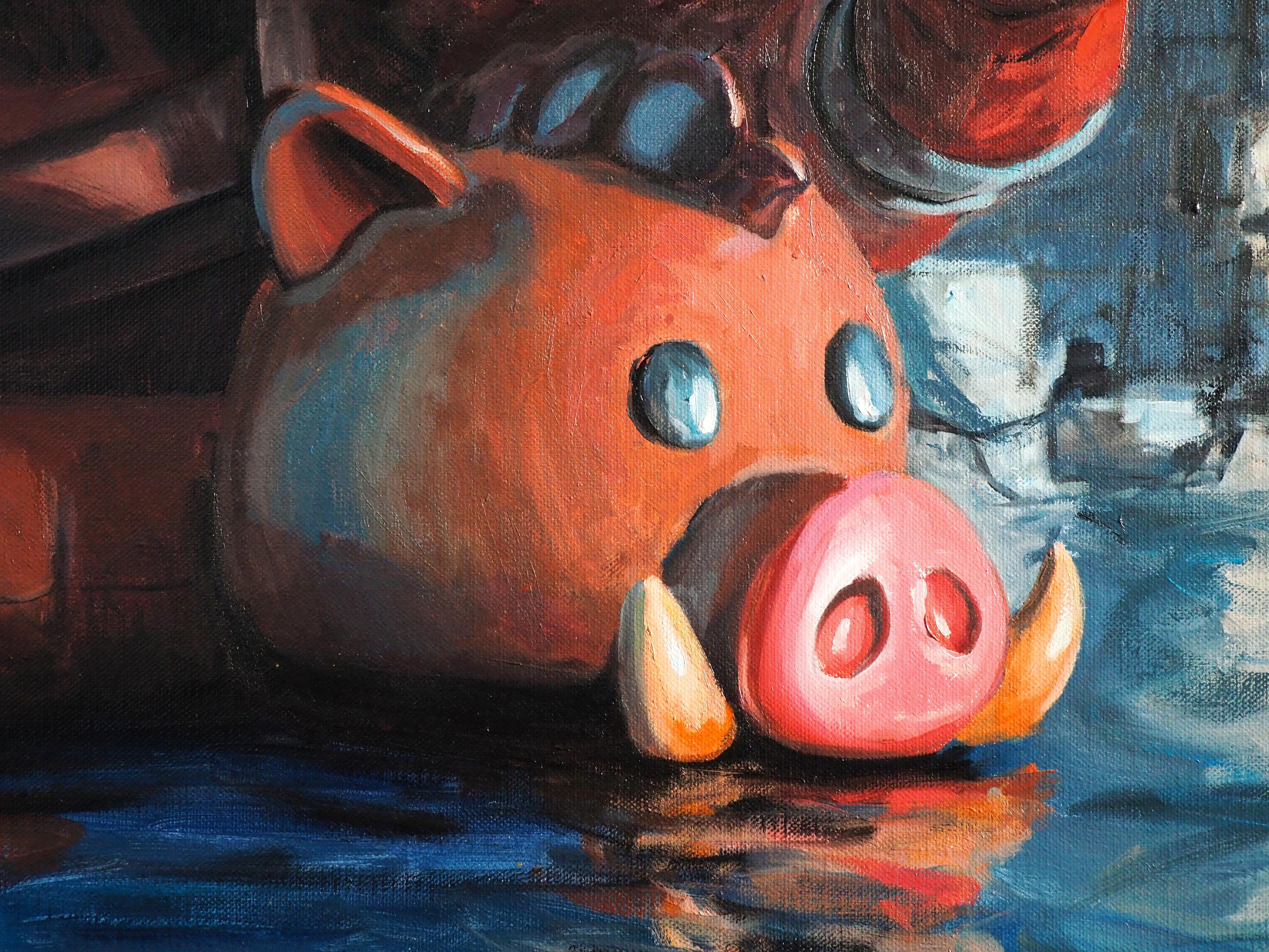 'No Paradise Without Food': Astronaut on Inflatable Pig  Oil Painting For Sale 6