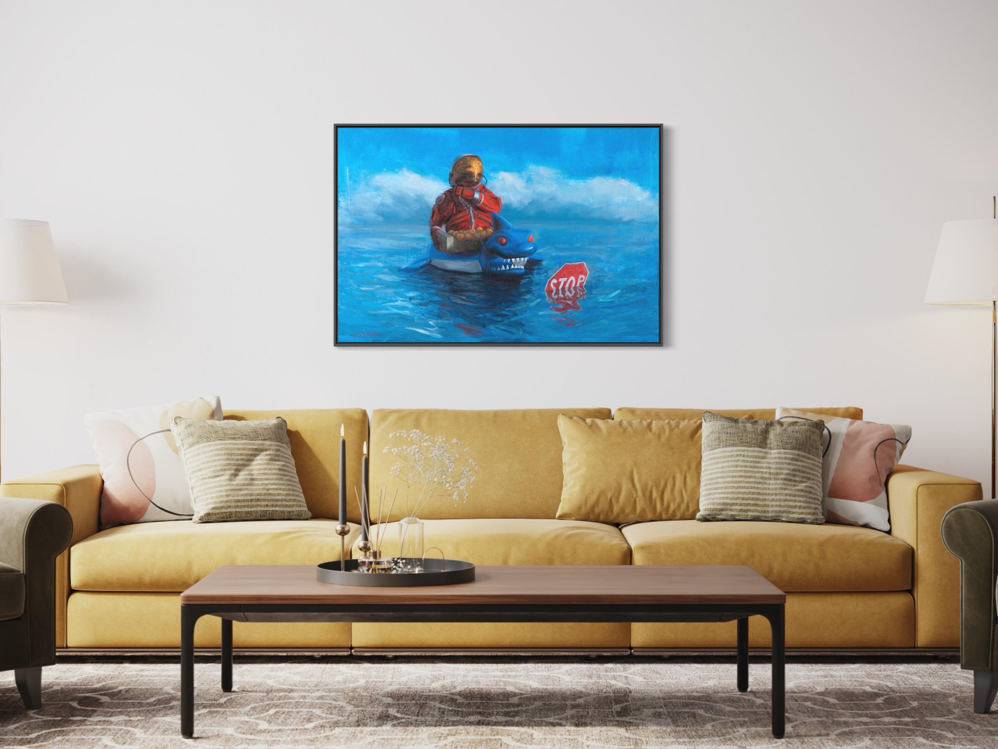 „Stop“ von Andreas Claussen, Surreales Astronaut-Gemälde im Angebot 5