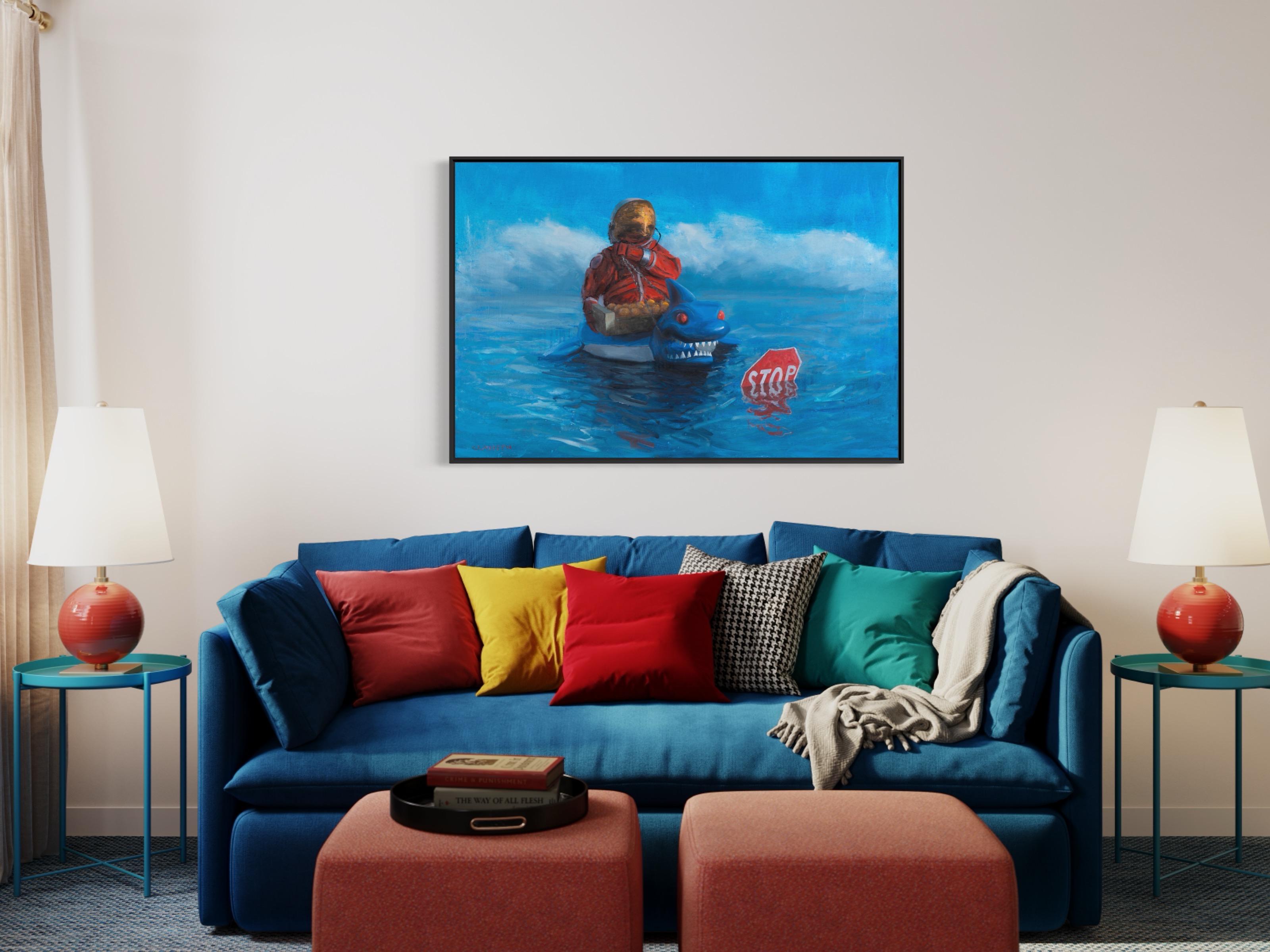 „Stop“ von Andreas Claussen, Surreales Astronaut-Gemälde im Angebot 6