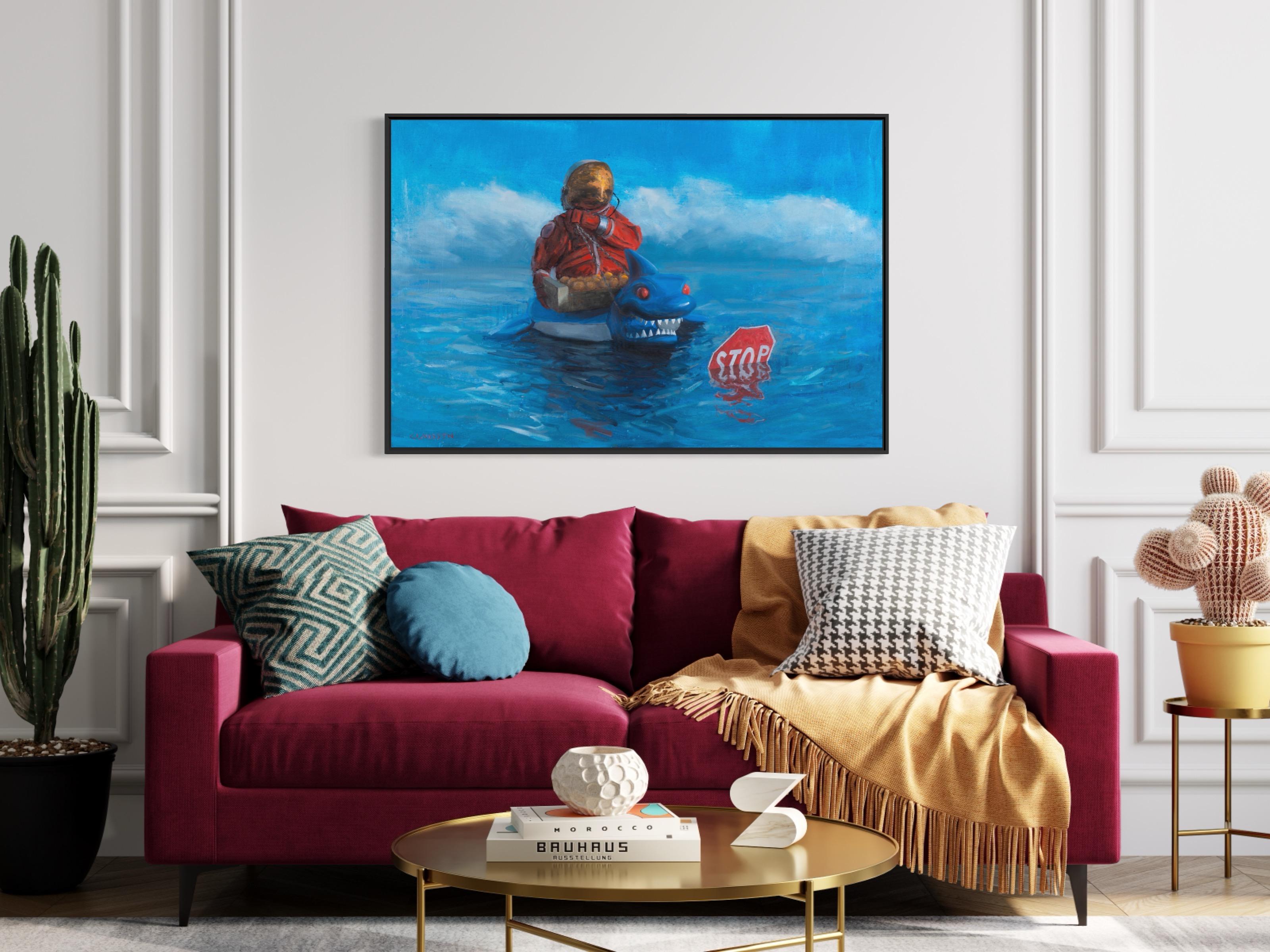 „Stop“ von Andreas Claussen, Surreales Astronaut-Gemälde im Angebot 7