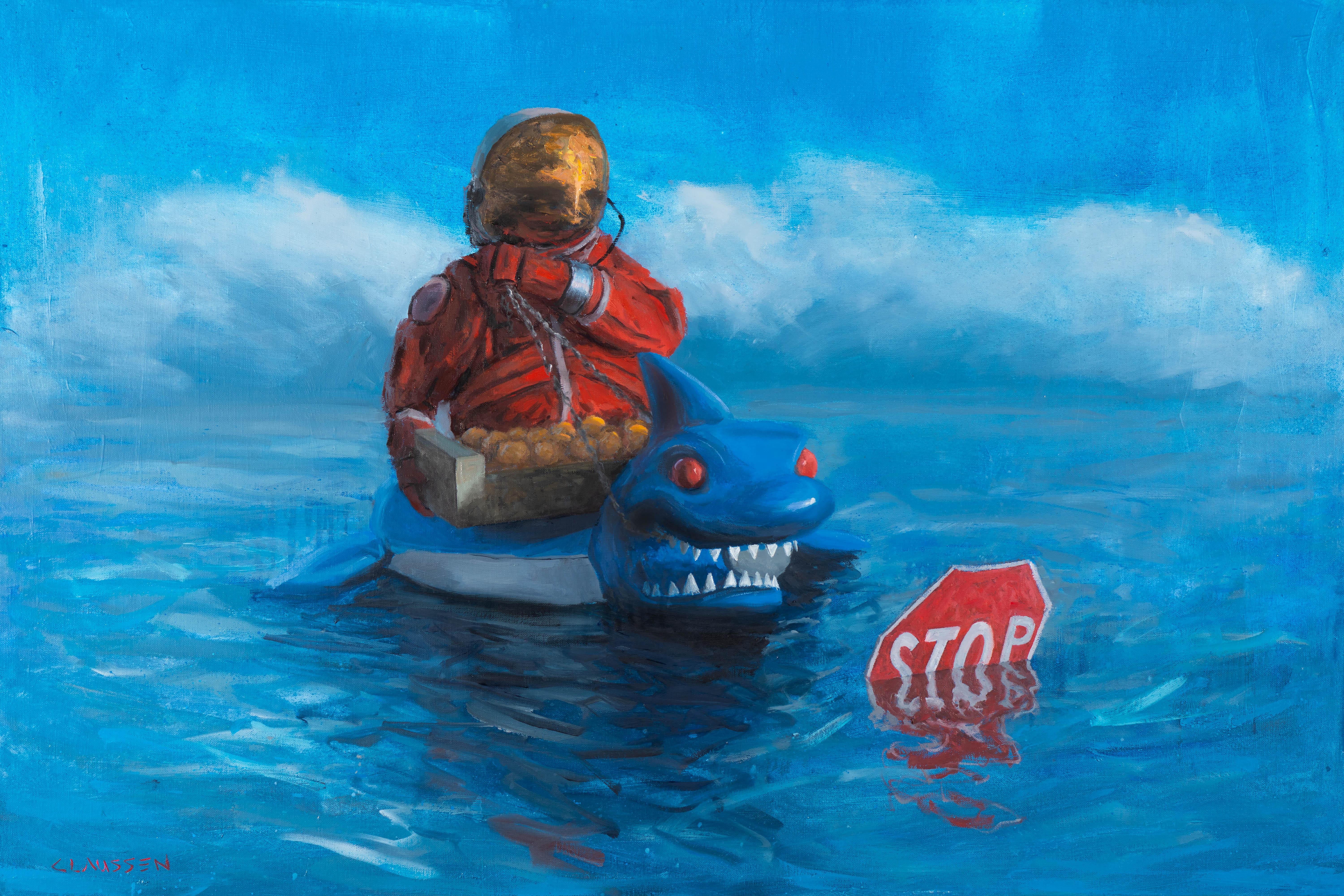 "Stop" de Andreas Claussen, pintura surrealista de un astronauta