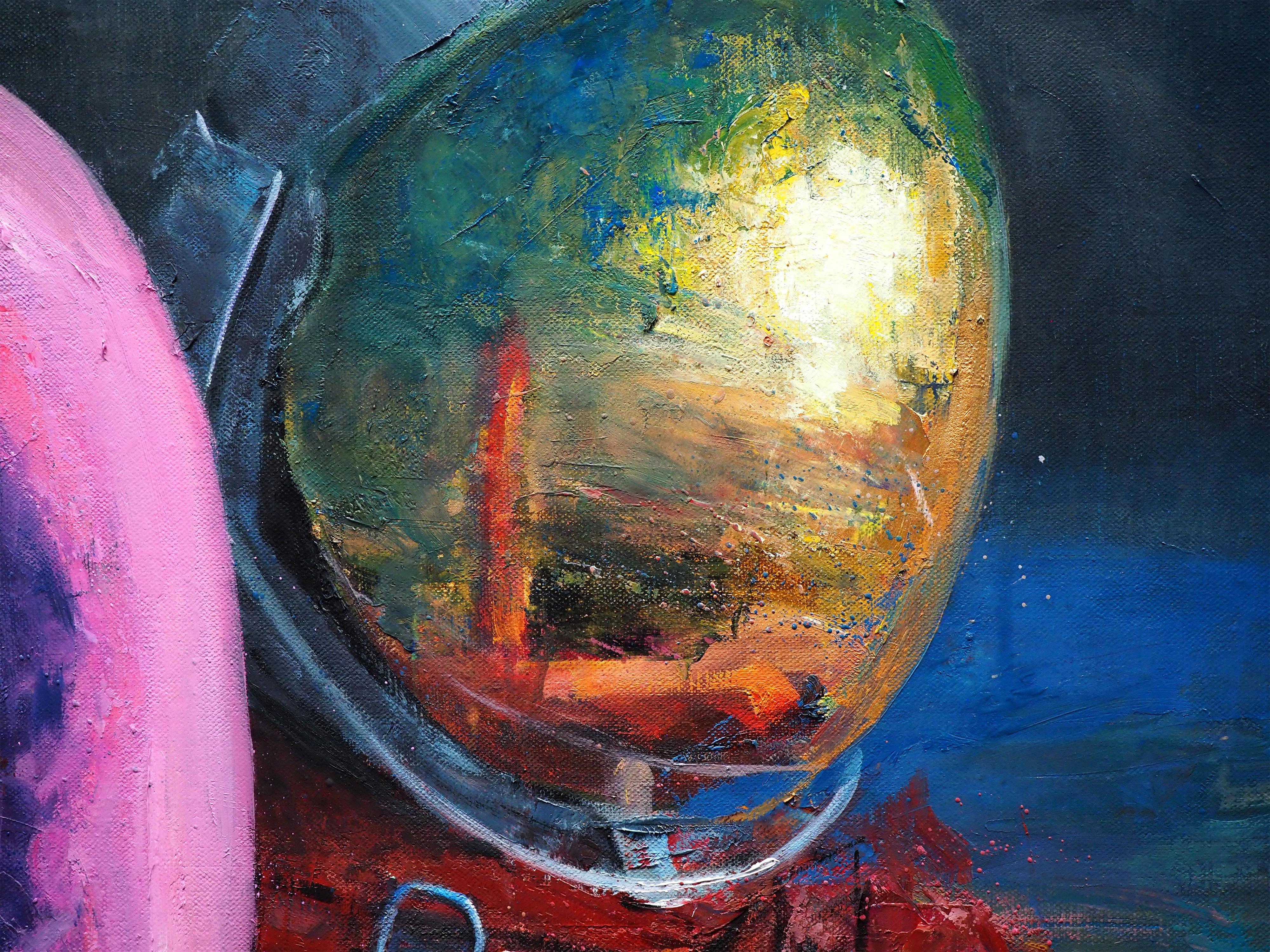 „You Are Not Alone Anymore“ – Ölgemälde mit einer Astronauten- und Aktfigur im Akt (Schwarz), Nude Painting, von Andreas Claussen