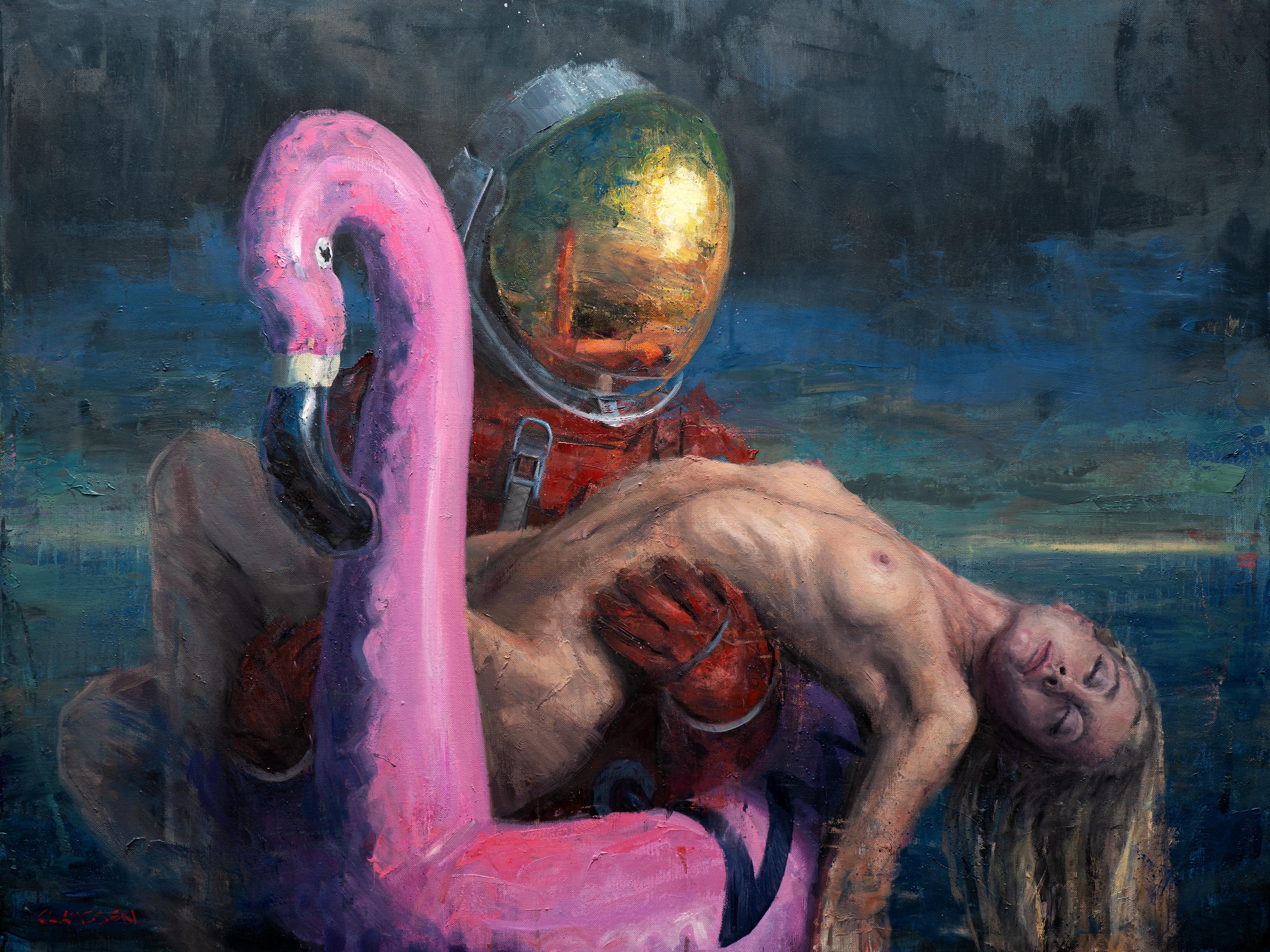 "You Are Not Alone Anymore" - Oil Painting Featuring an Astronaut & Nude Figure