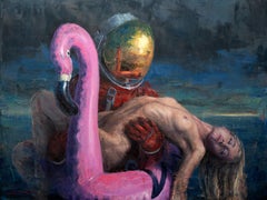 « You Are Not Alone Anymore » - Peinture à l'huile représentant un Astronaute et une figure nue