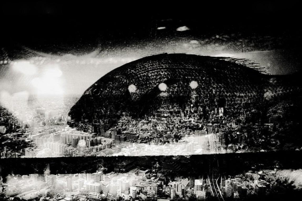 Andreas H. Bitesnich Black and White Photograph - Fish over Tokyo - Tokyo city skyline with fish overlay - Deeper Shades Series