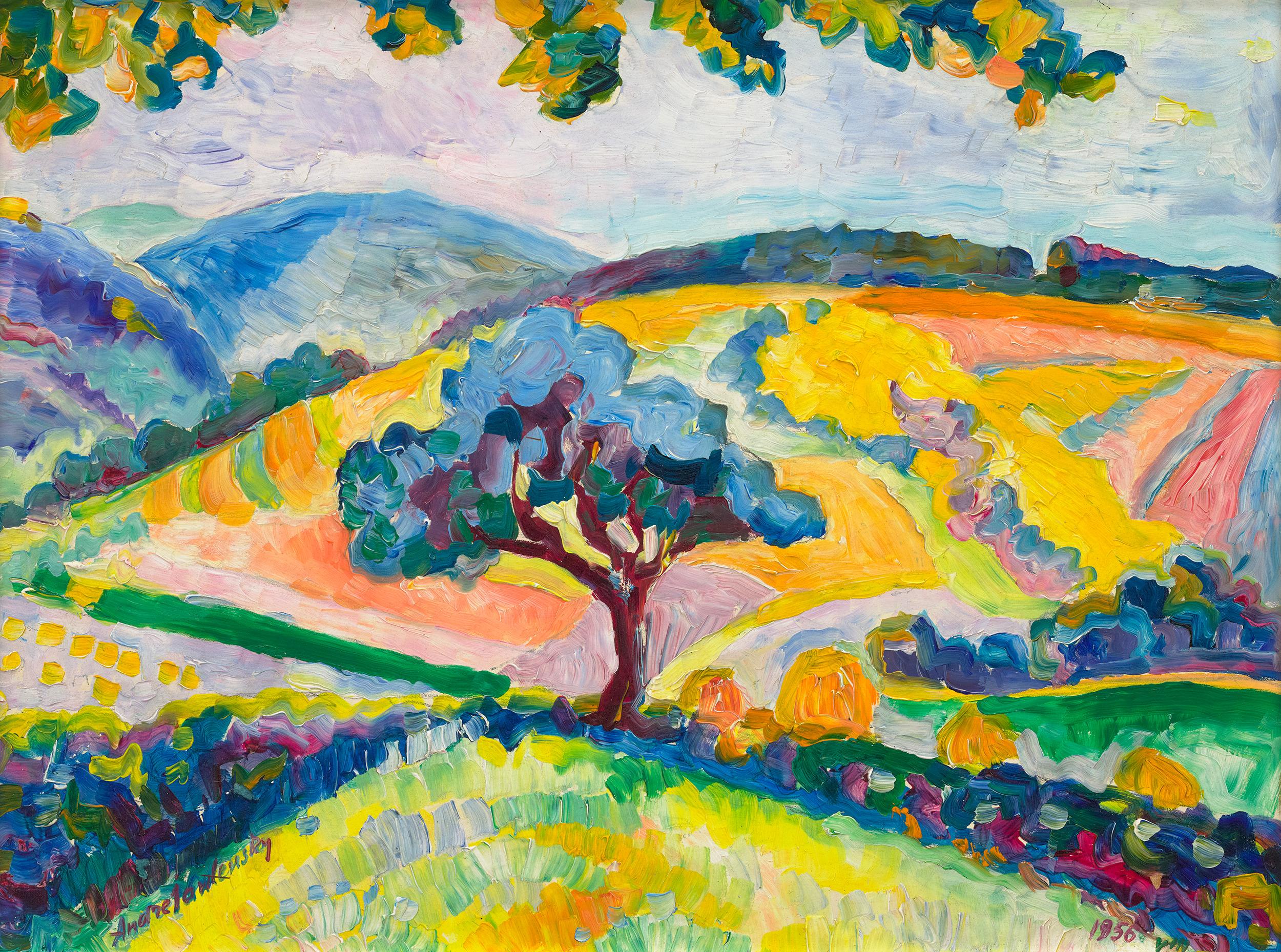 Andreas Alexevich Jawlensky
1902-1984  Russian-Swiss

Verträumter Tag
(Dreamy Day)

Signed "A. Jawlensky" (lower left) and dated "1956" (lower right)
Oil on board

This vibrant landscape, Verträumter Tag (Dreamy Day), exemplifies Andreas Jawlensky's