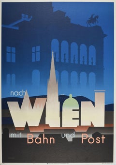 Original-Vintage-Reiseplakat der Eisenbahn Nach Wien, Wiener Stadt, Architekturdesign