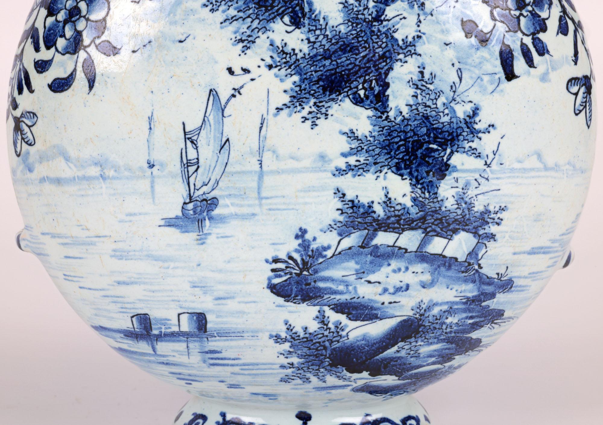 Glazed Andreas Kordenbusch Nurenberg Hand Painted Blue & White Moon Flask  For Sale