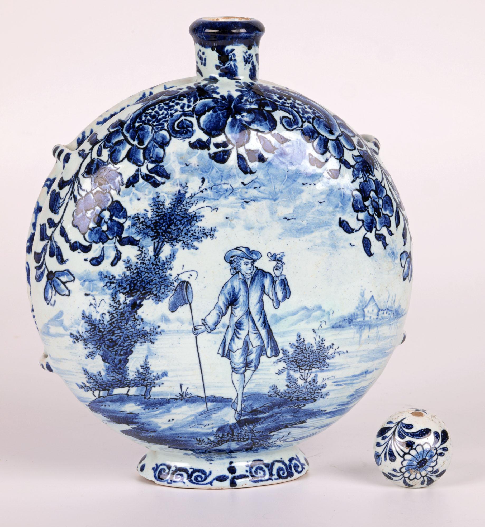 Early 18th Century Andreas Kordenbusch Nurenberg Hand Painted Blue & White Moon Flask  For Sale