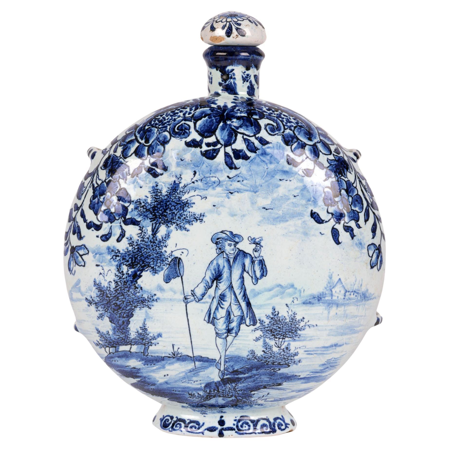 Andreas Kordenbusch Nurenberg Hand Painted Blue & White Moon Flask  For Sale