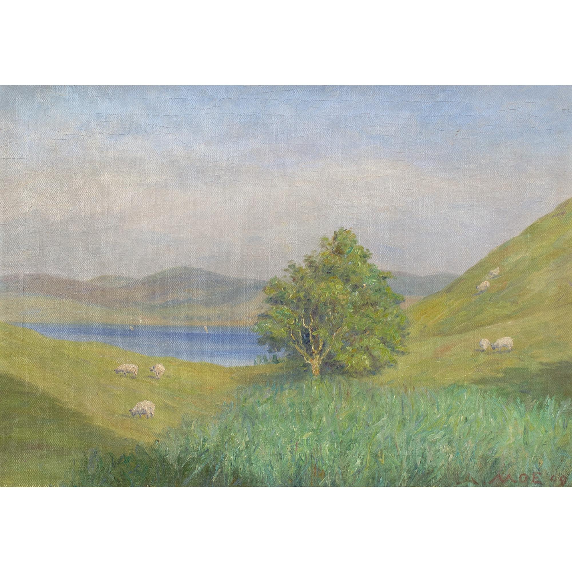 Andreas Moe, Paesaggio pastorale impressionista con pecore, pittura a olio 1