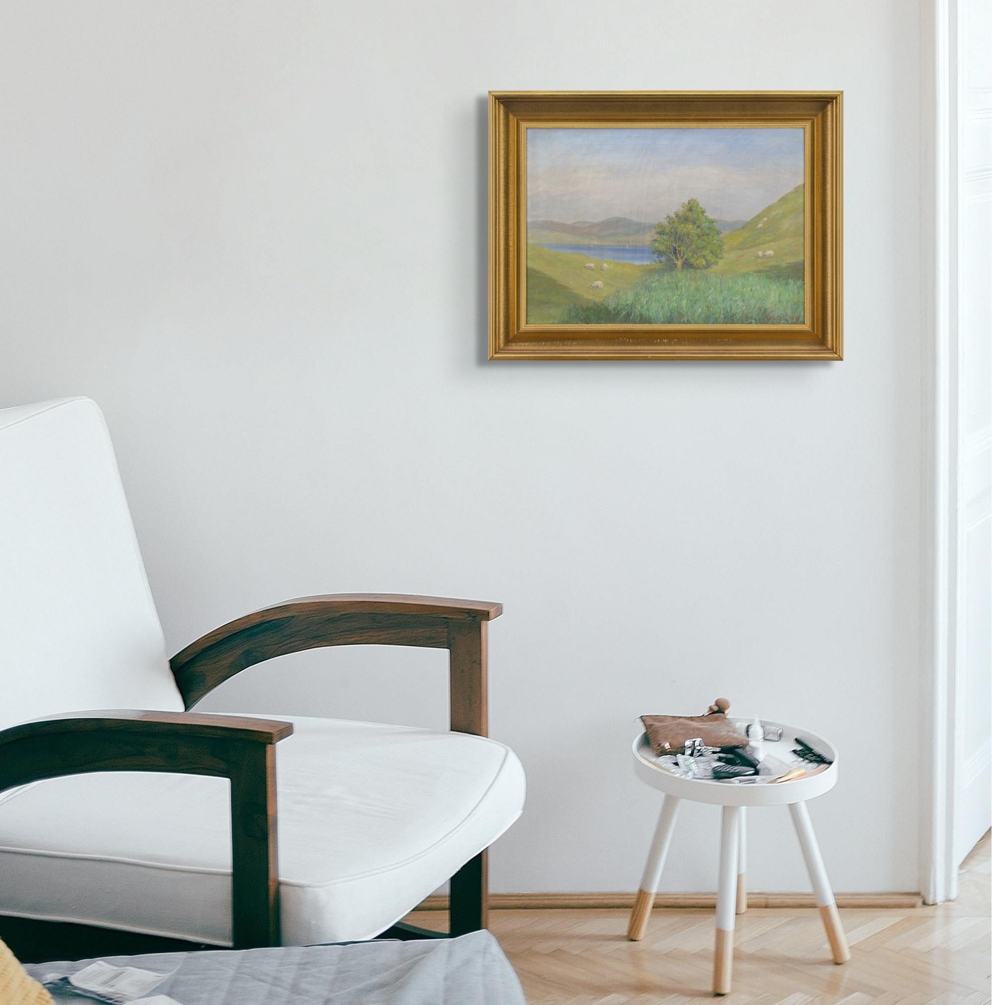 Andreas Moe, Paesaggio pastorale impressionista con pecore, pittura a olio 2