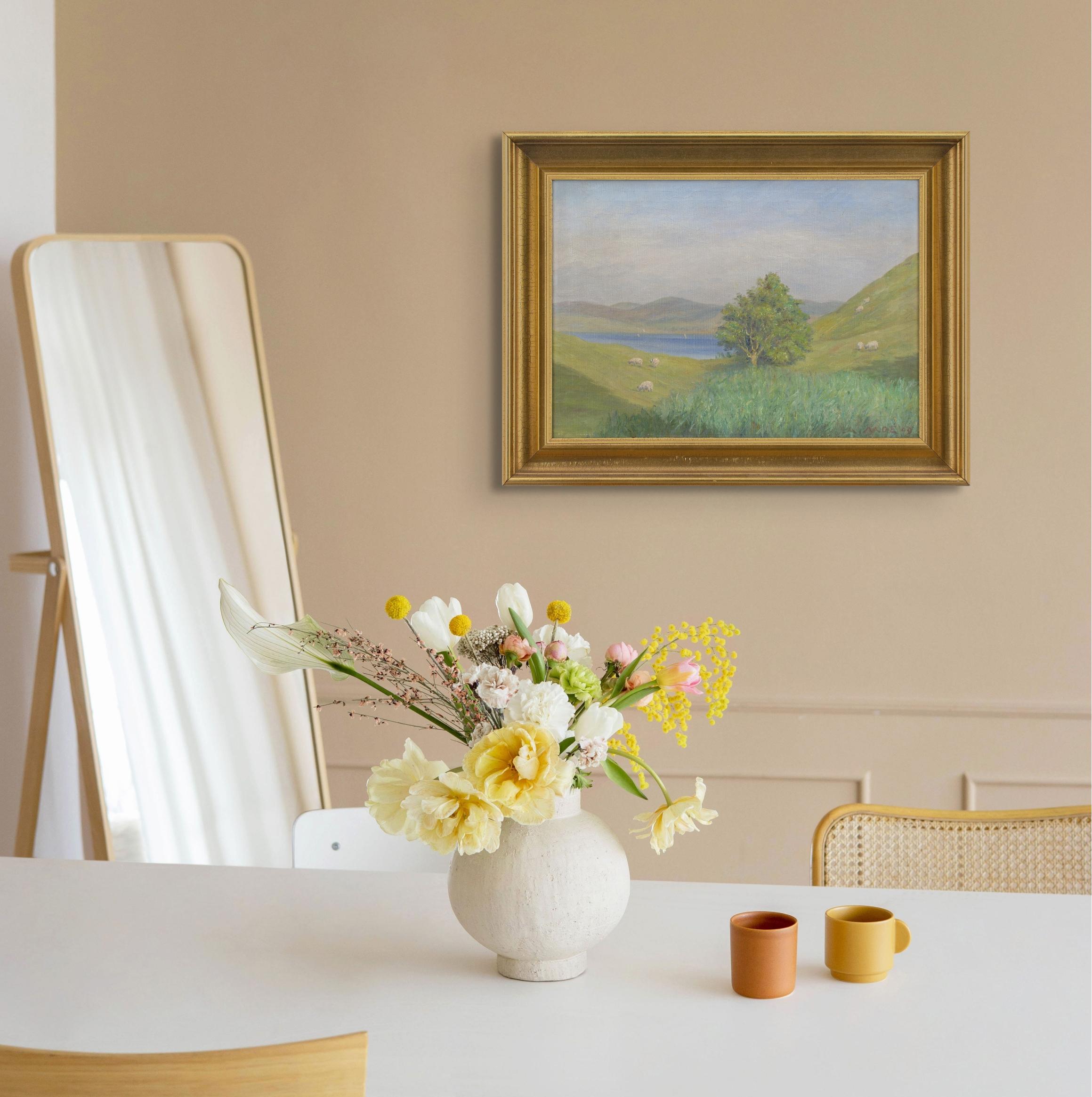 Andreas Moe, Paesaggio pastorale impressionista con pecore, pittura a olio 3