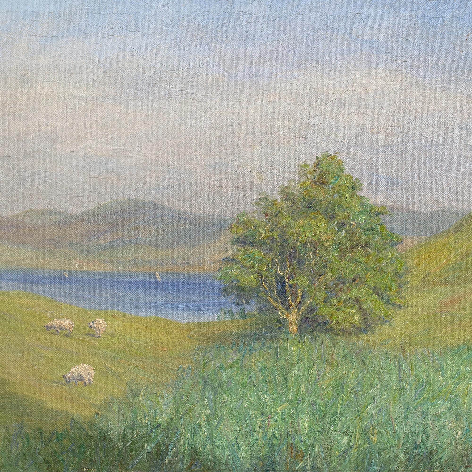 Andreas Moe, Paesaggio pastorale impressionista con pecore, pittura a olio 4