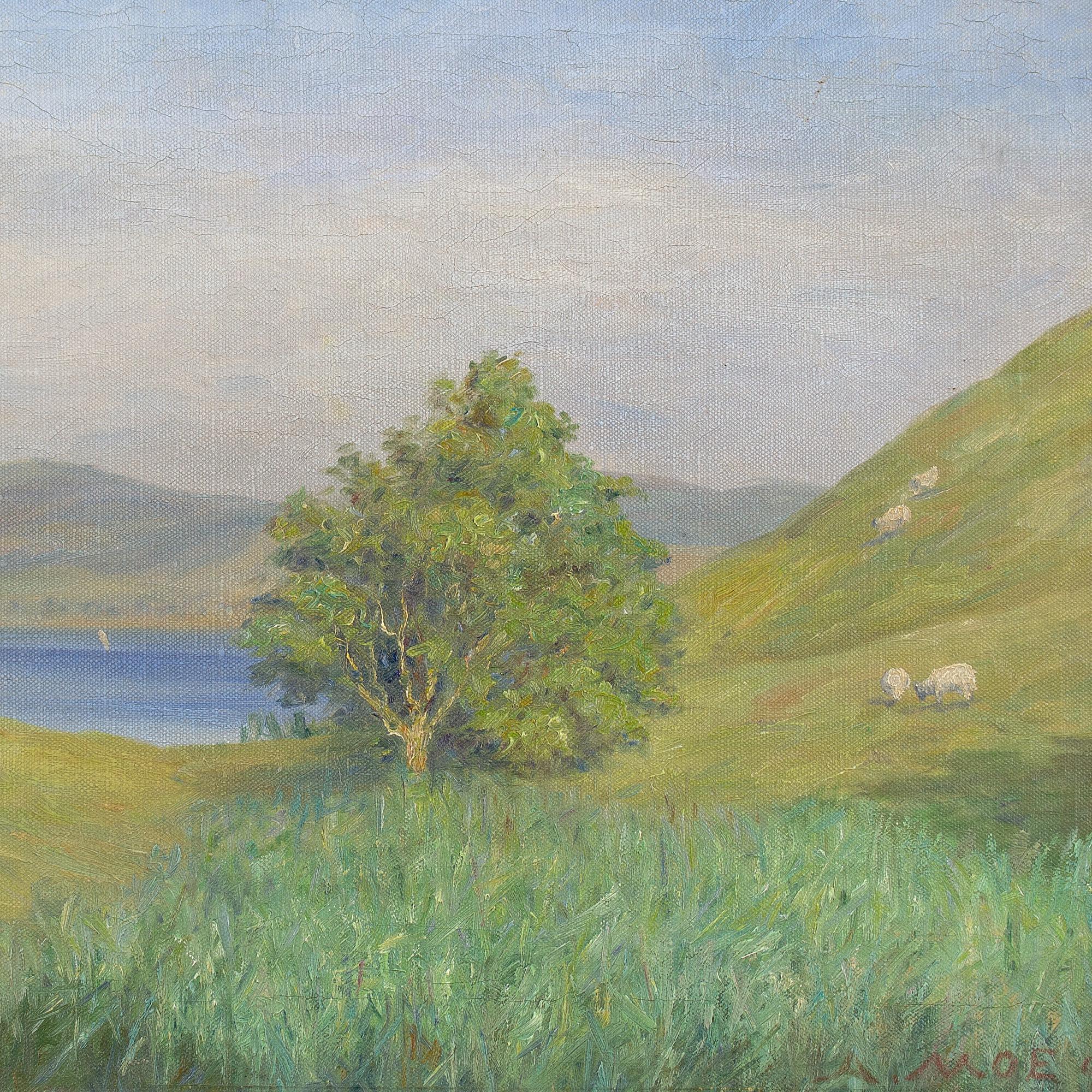 Andreas Moe, Paesaggio pastorale impressionista con pecore, pittura a olio 5