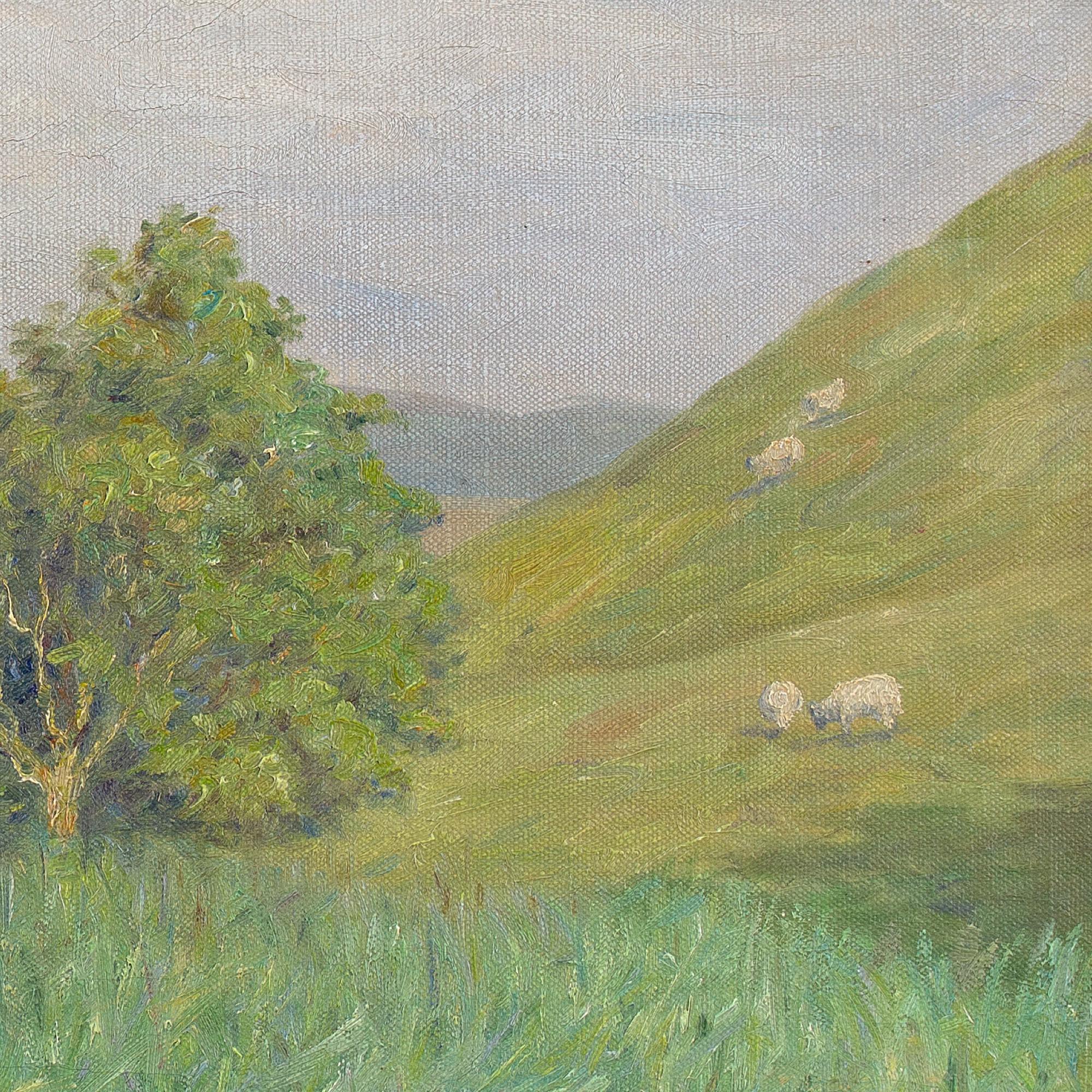 Andreas Moe, Paesaggio pastorale impressionista con pecore, pittura a olio 8
