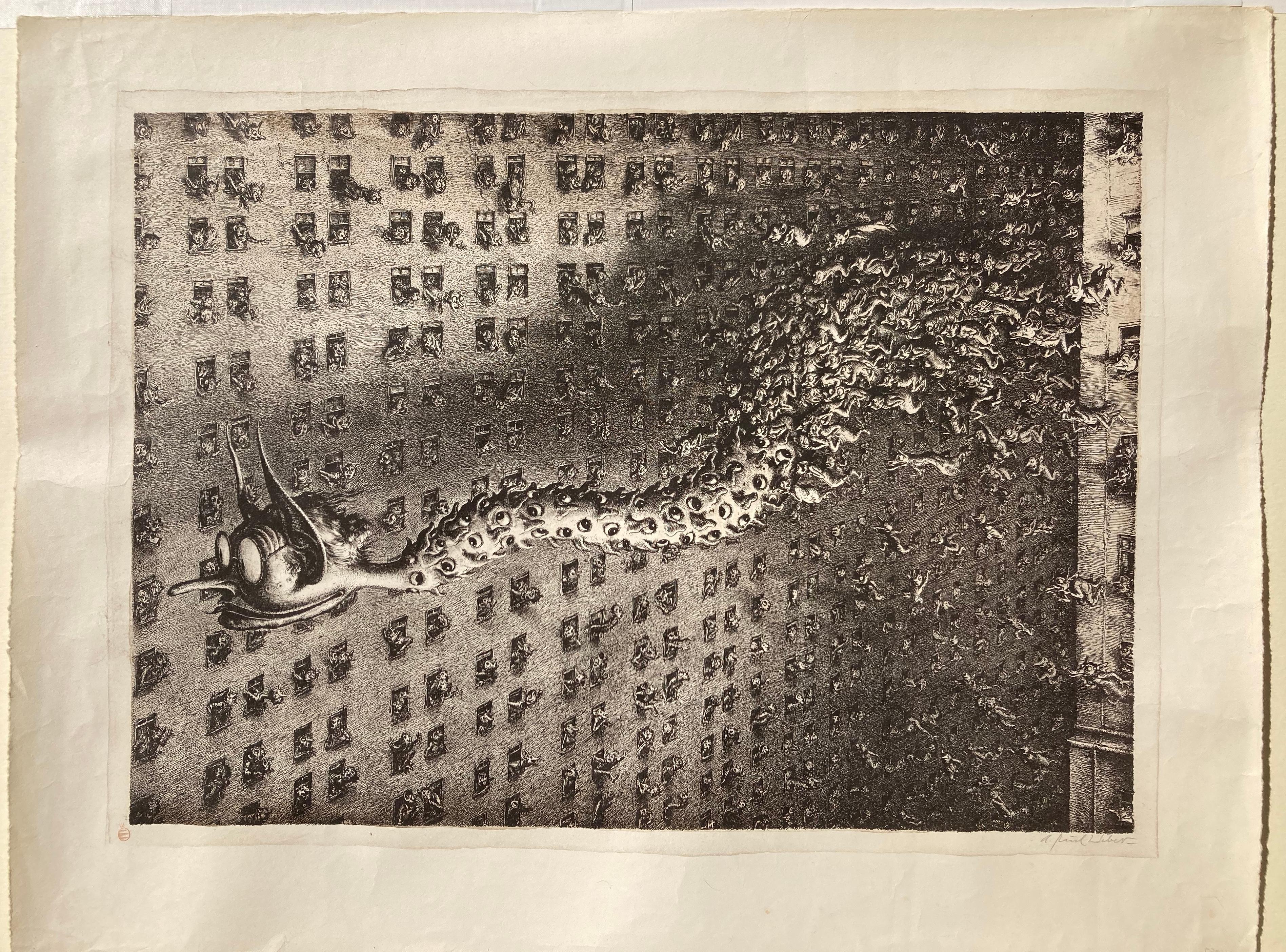 ANDREAS PAUL WEBER (Deutscher 1893-1980)

DAS GERUCHT 1 (DAS RUMOR) 1953 (Dorsch 836)
Lithographie, mit Bleistift signiert und mit der  Clan Press Stempel des Künstlers in der linken unteren Ecke. ERSTE VERSION.  Sehr guter Abdruck mit deutlichem