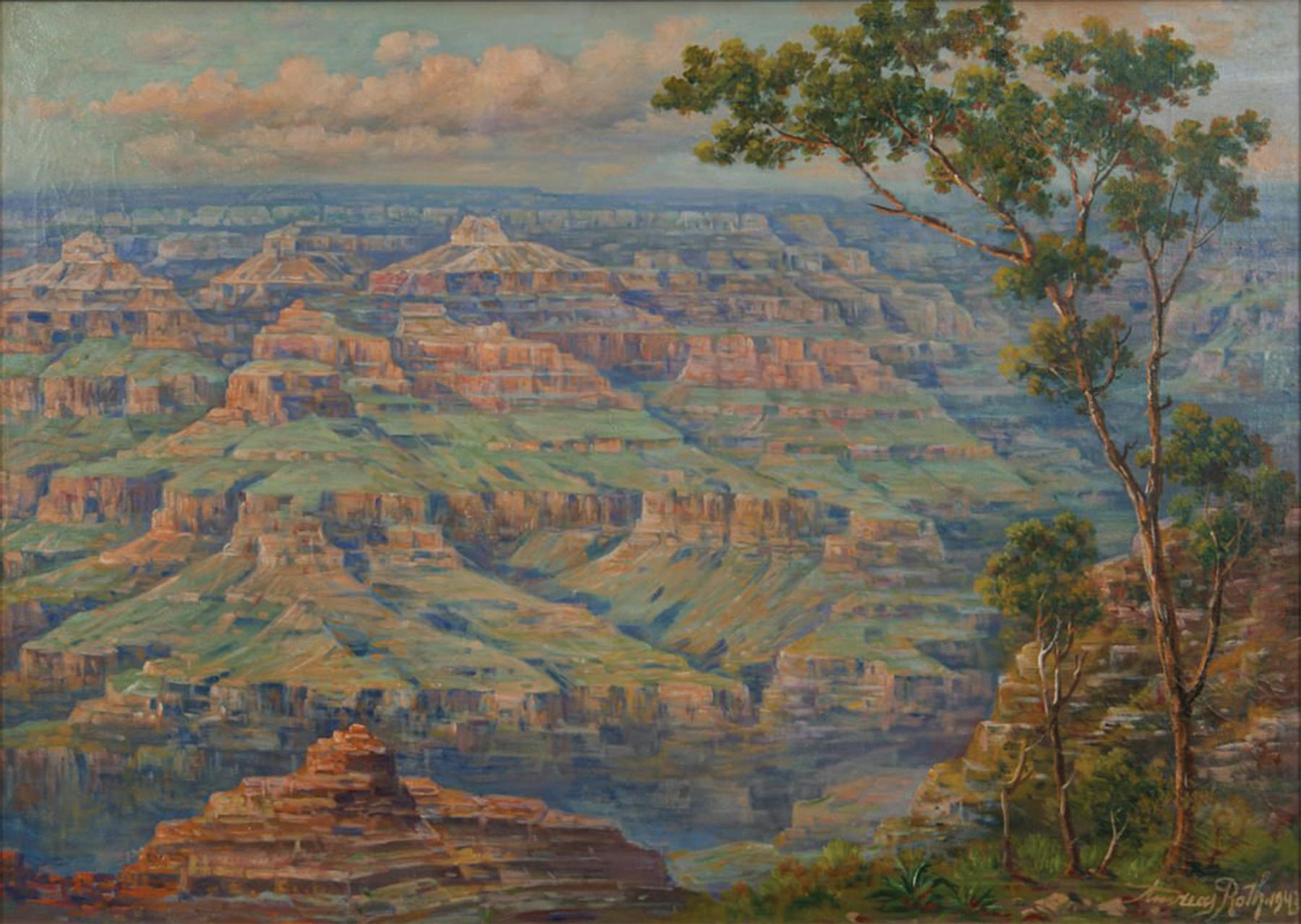 El Gran Cañón, vibrante paisaje occidental de mediados del siglo XX - Painting de Andreas Roth