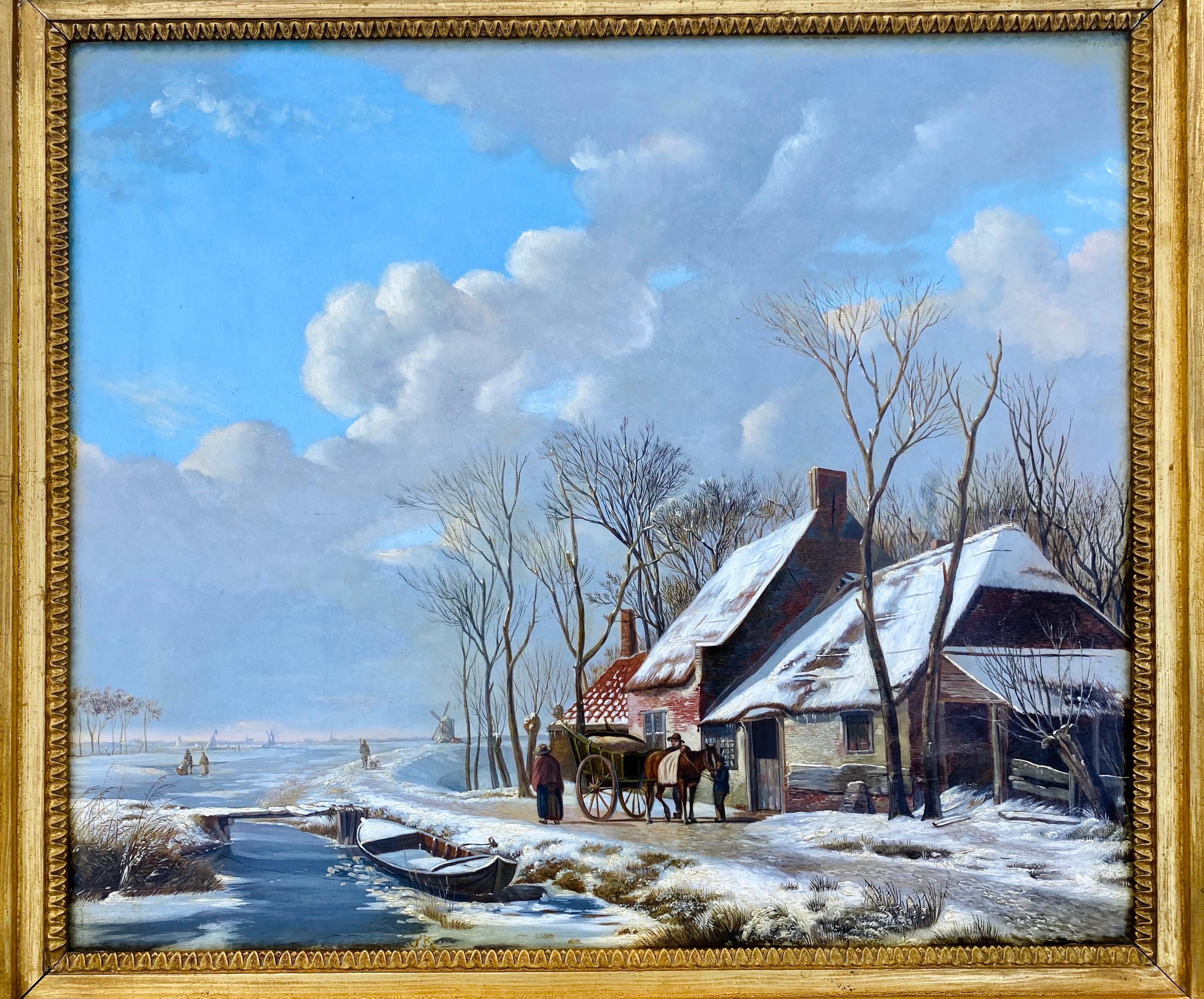 19th century Dutch oil painting of a sunny winter Landscape - Genre Figurative - Painting by Johan Adolph Rust