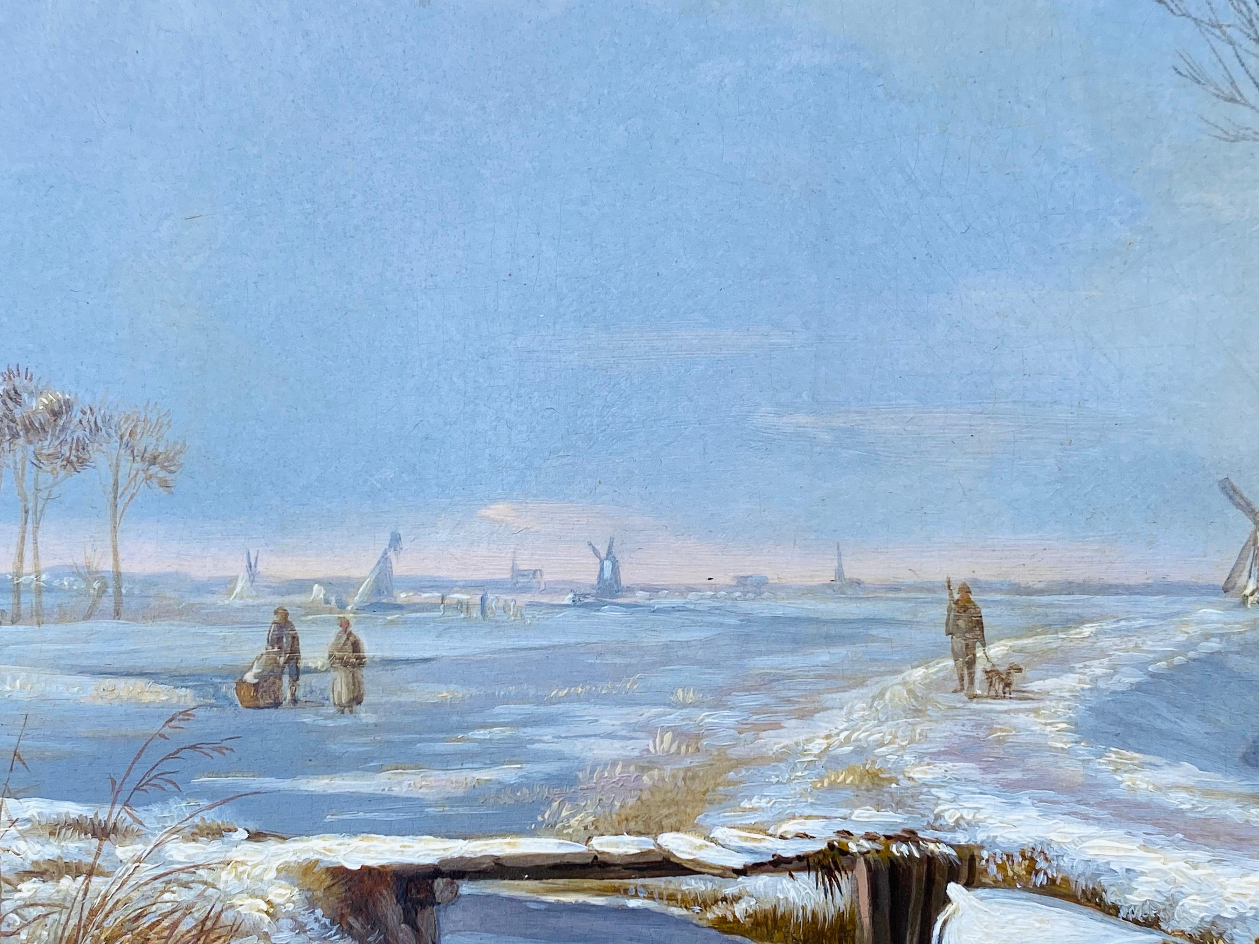19th century Dutch oil painting of a sunny winter Landscape - Genre Figurative - Brown Figurative Painting by Johan Adolph Rust