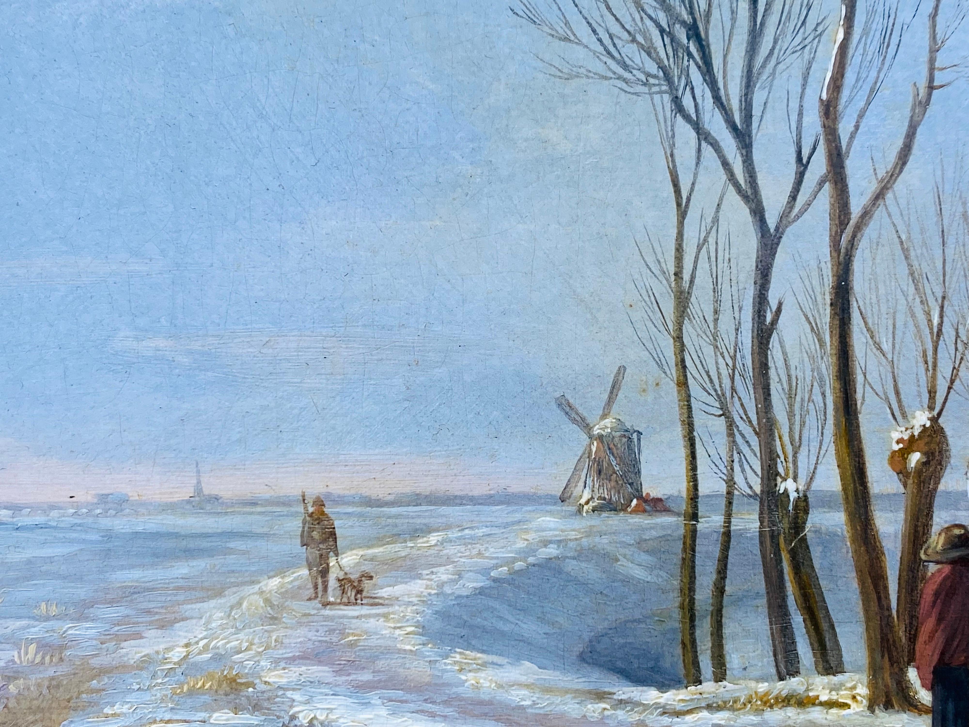 19th century romantic dutch oil painting of a winter landscape

The present painting wonderfully captures a sunny winter day in the 19th century. To the right we can see a man with his horse and carriage, while in the distance we can see people