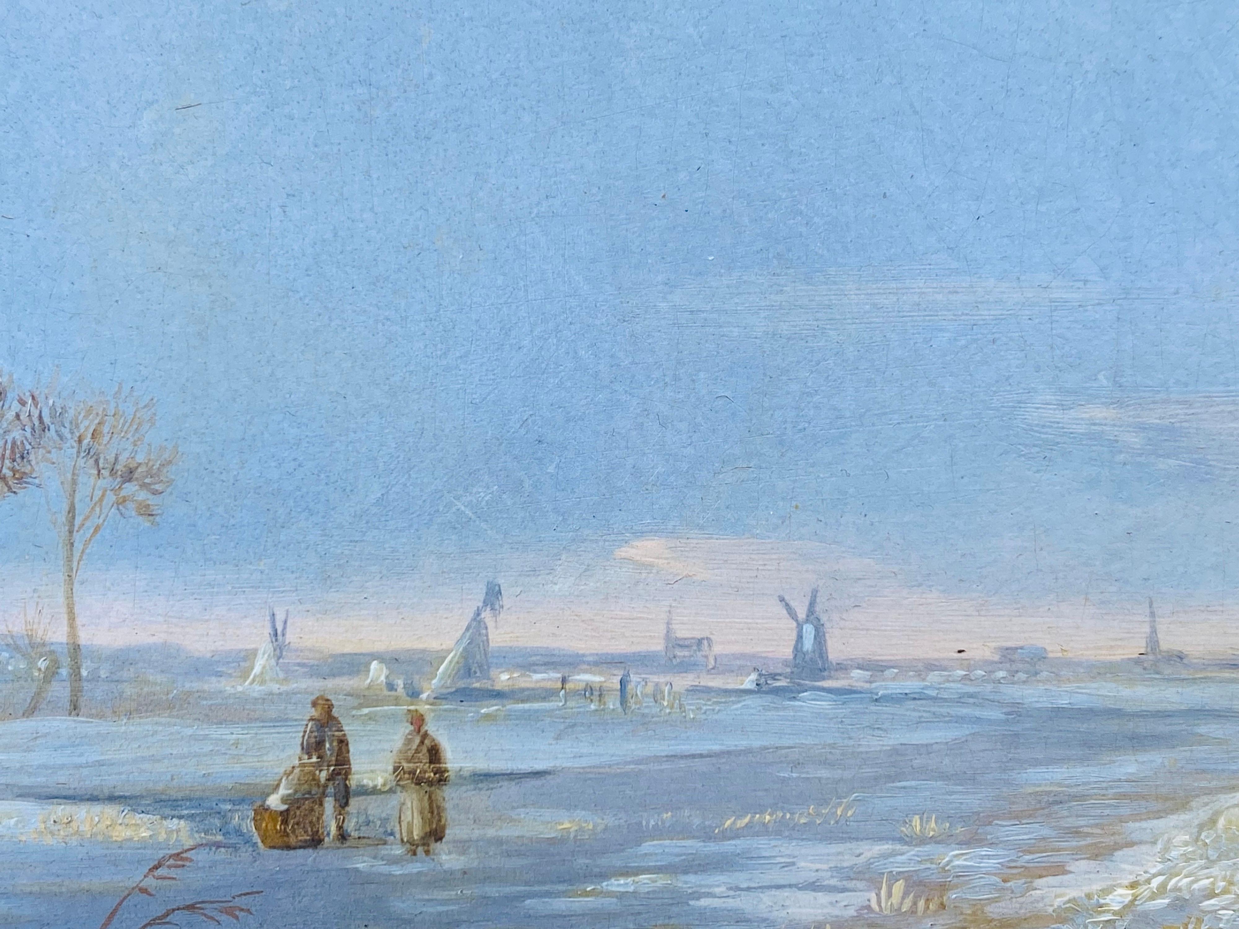 19th century Dutch oil painting of a sunny winter Landscape - Genre Figurative 1