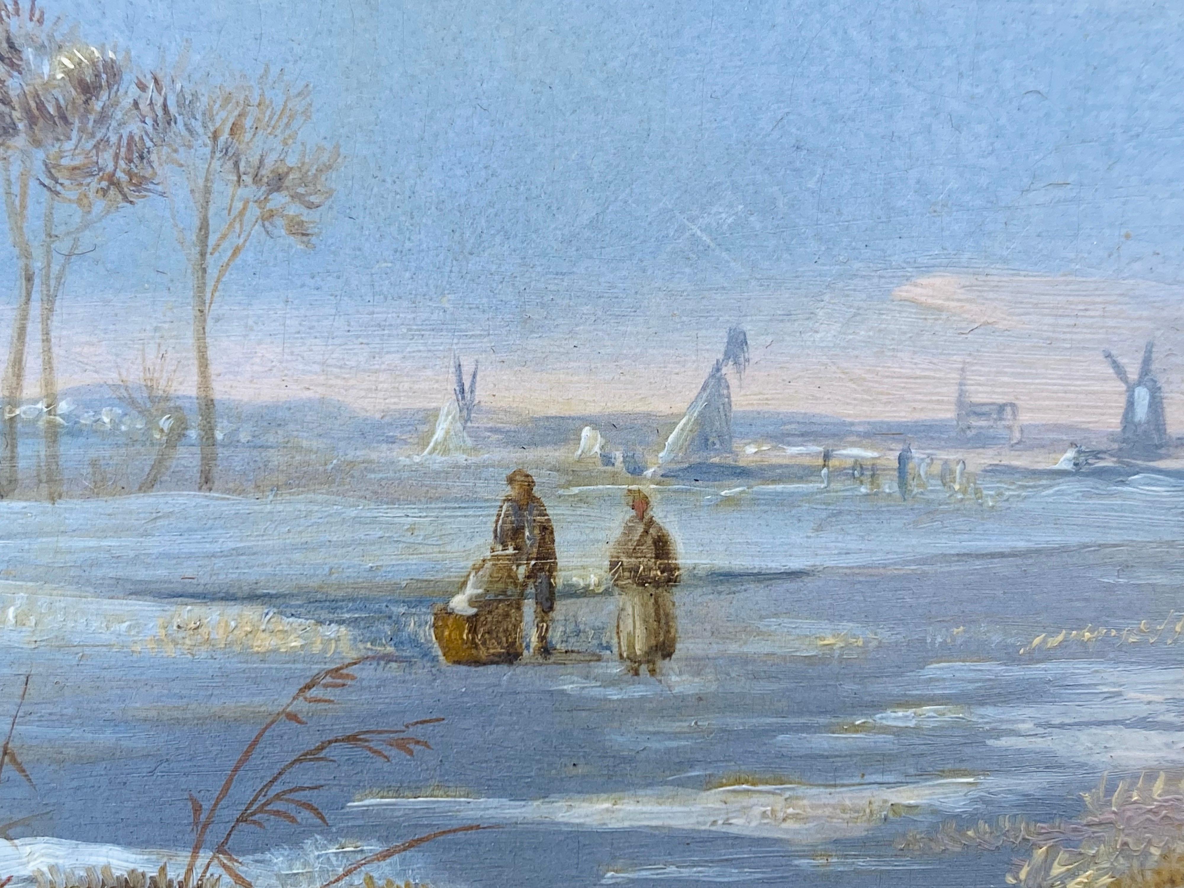 19th century Dutch oil painting of a sunny winter Landscape - Genre Figurative 2