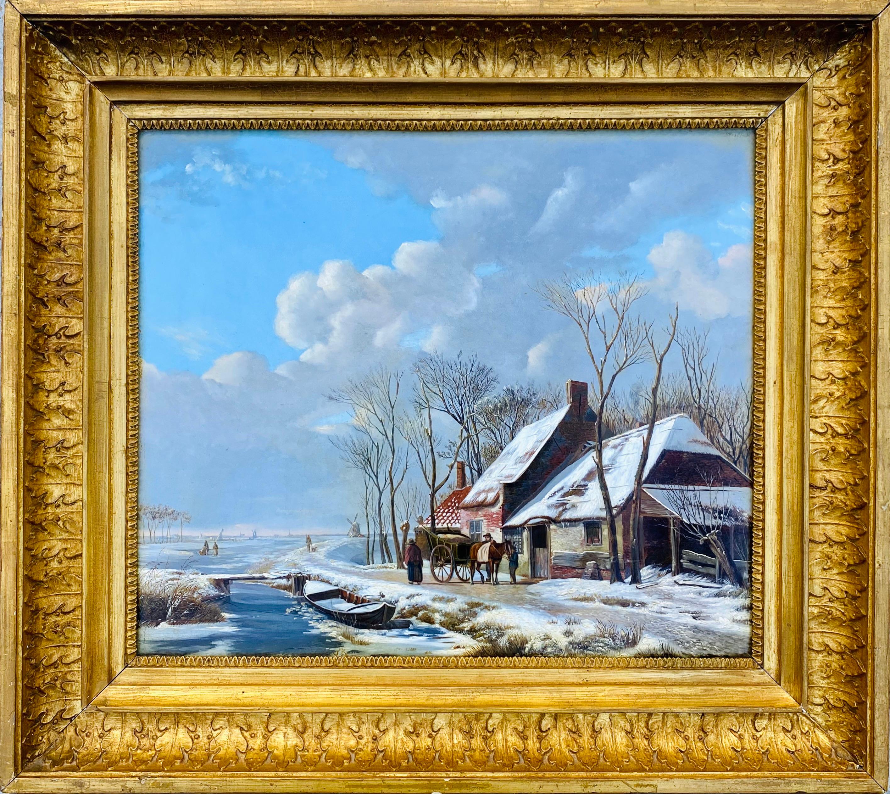 Johan Adolph Rust Figurative Painting - 19th century Dutch oil painting of a sunny winter Landscape - Genre Figurative