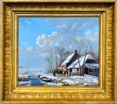 19th century Dutch oil painting of a sunny winter Landscape - Genre Figurative