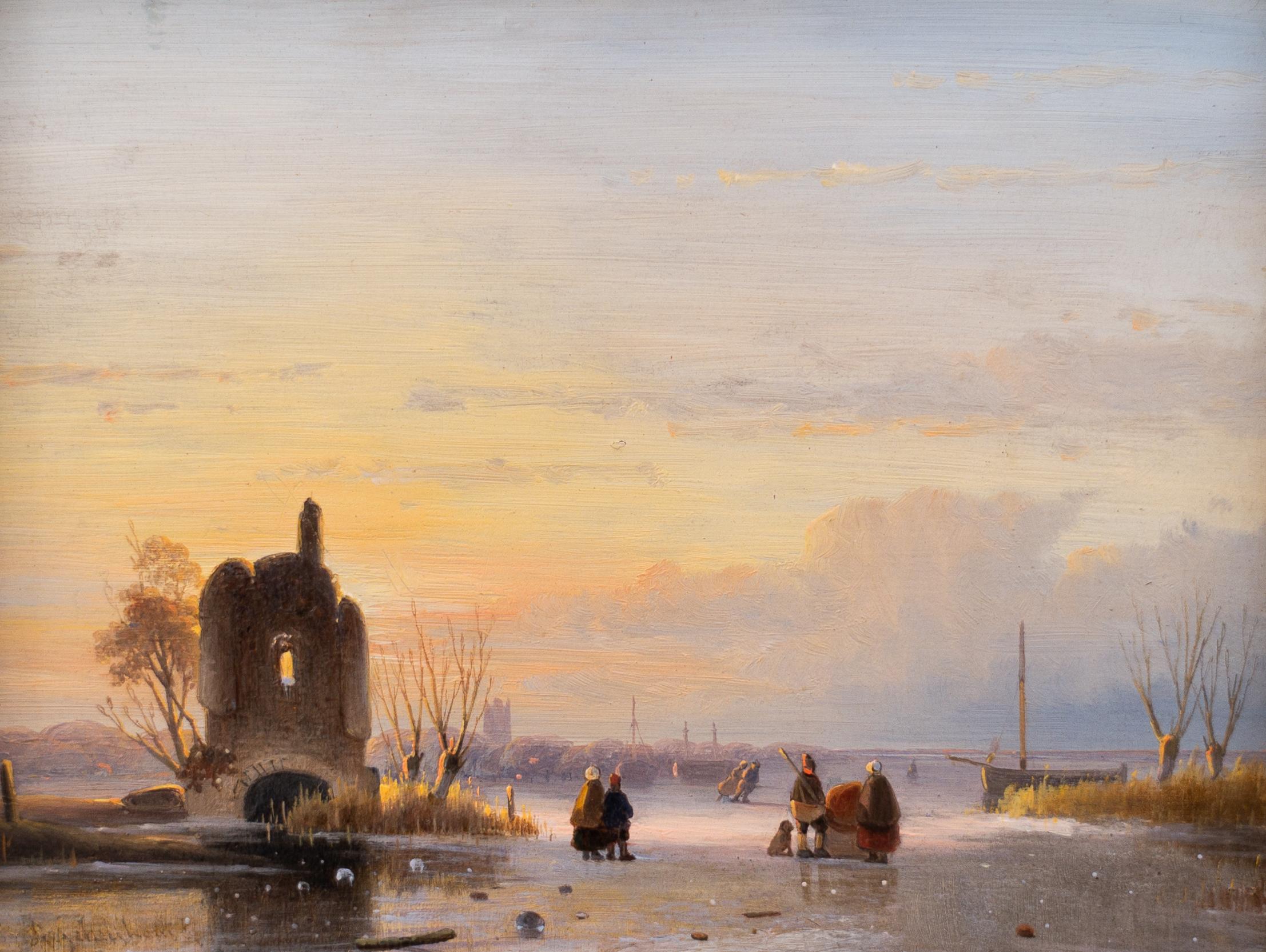 A Winter Scene With Several Skaters on a Sunlit Frozen Estuary by A  Schelfhout - Painting by Andreas Schelfhout