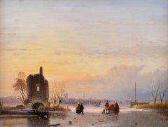 Une scène d'hiver avec plusieurs patineurs sur une écurie gelée éclairée par A  Schelfhout