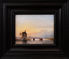 A Winter Scene With Several Skaters on a Sunlit Frozen Estuary by A  Schelfhout