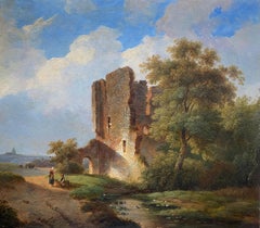 Antique Andreas Schelfhout, 1787 – 1870, Dutch Painter, Summer Landscape by a Ruin