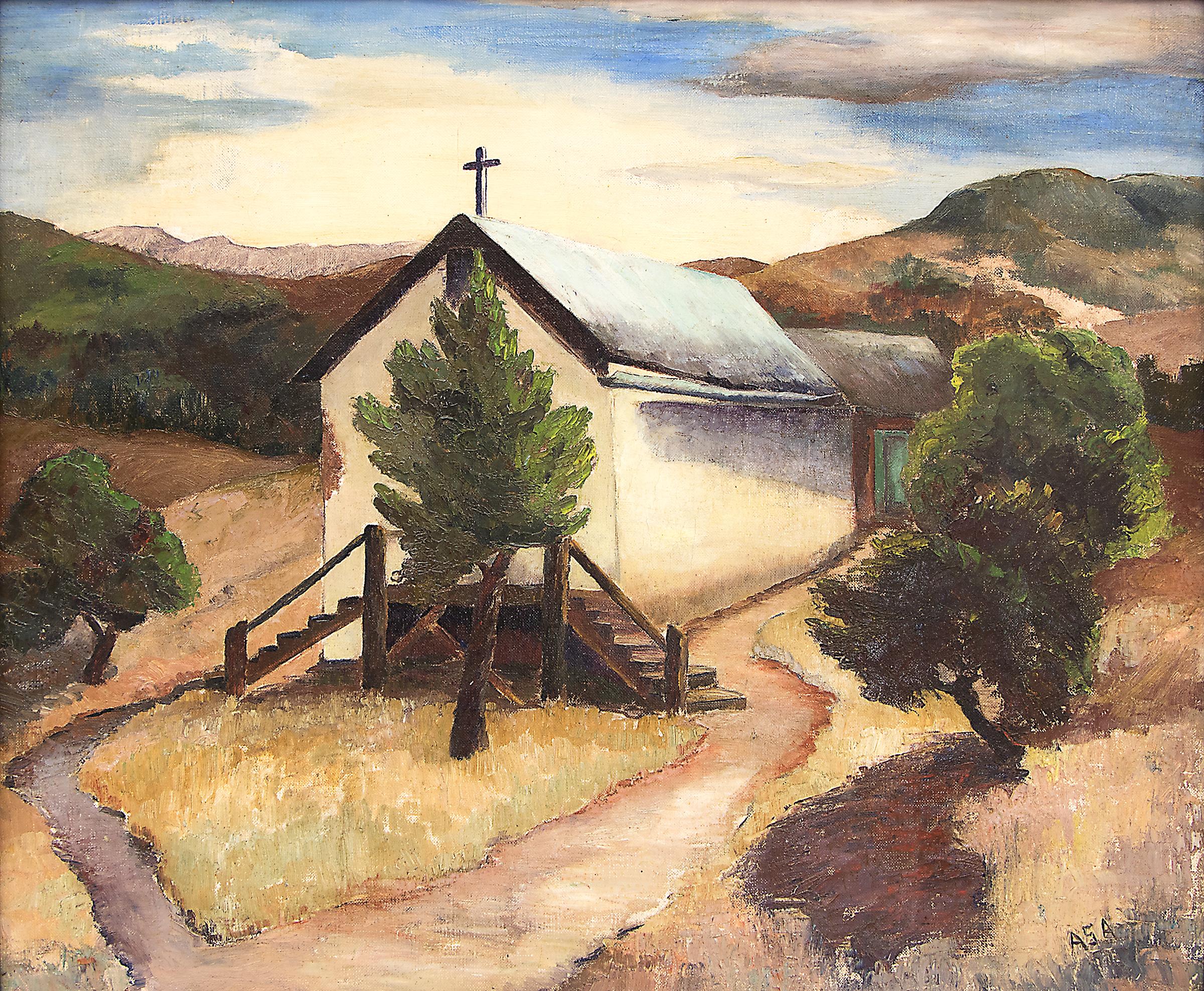 High Rolls, New Mexico, Südwestlandschaft, Wüstenkirche mit Bäumen, 1940er Jahre – Painting von Andersen, Andreas Storrs