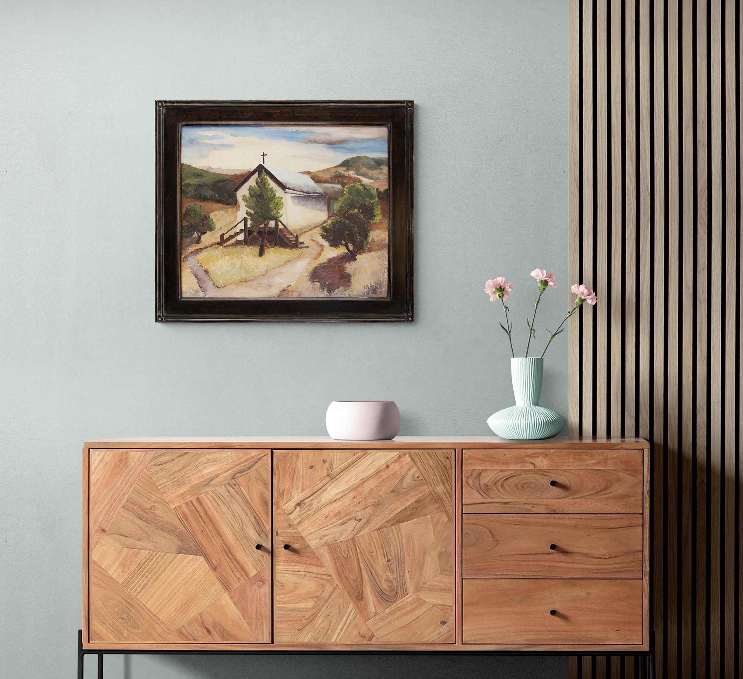 High Rolls, New Mexico, 1940 Paesaggio del sud-ovest, chiesa del deserto con alberi - Painting American Modern di Andersen, Andreas Storrs