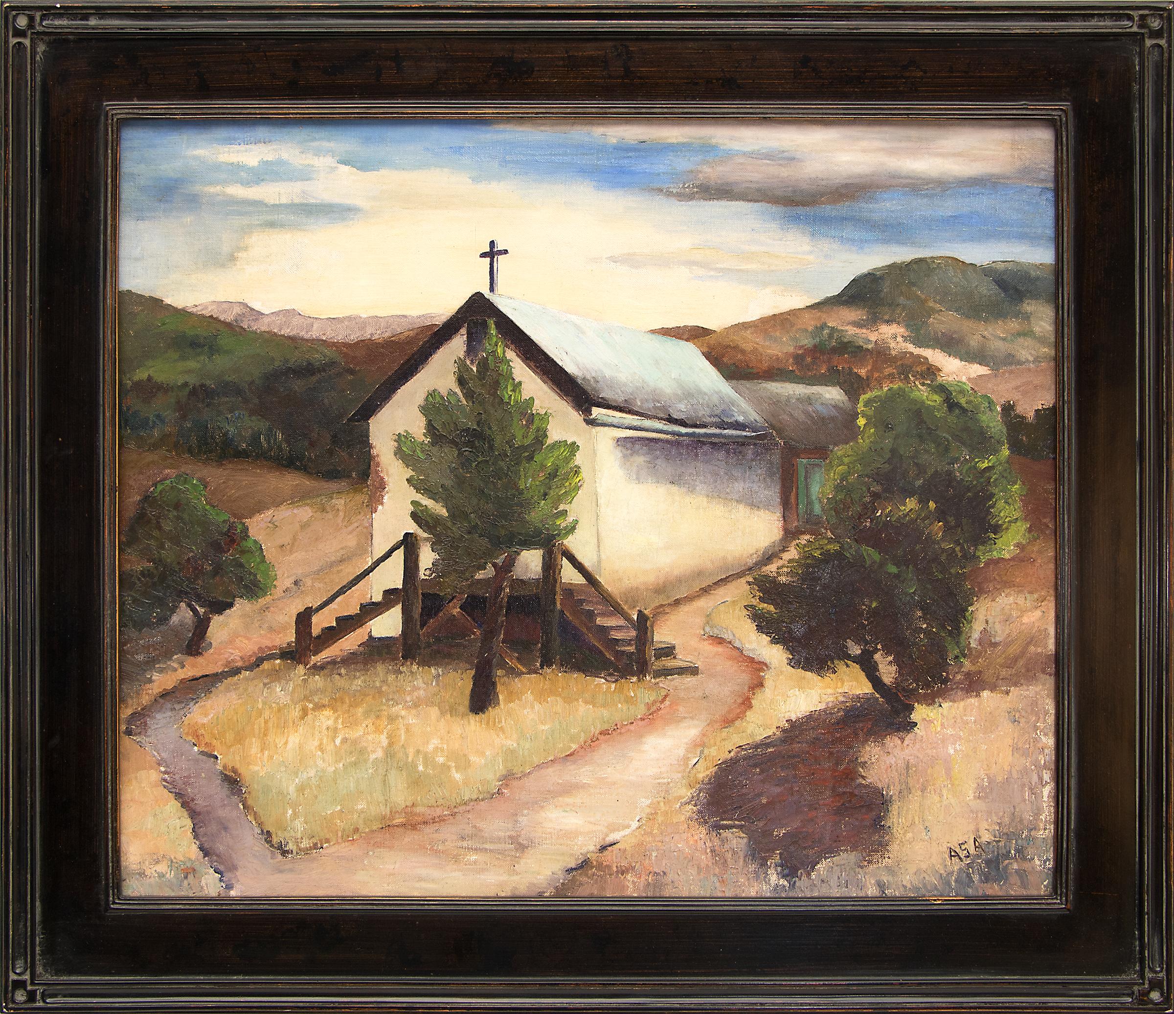 Andersen, Andreas Storrs Interior Painting – High Rolls, New Mexico, Südwestlandschaft, Wüstenkirche mit Bäumen, 1940er Jahre