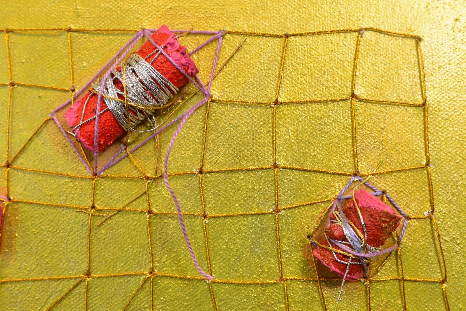 Desert Gossip is a series of four paintings that echo the
colors of the desert at dusk. The use of the threaded grid is set up to
anchor and re-inforce the circular movement of the low-relief wrapped
papers.