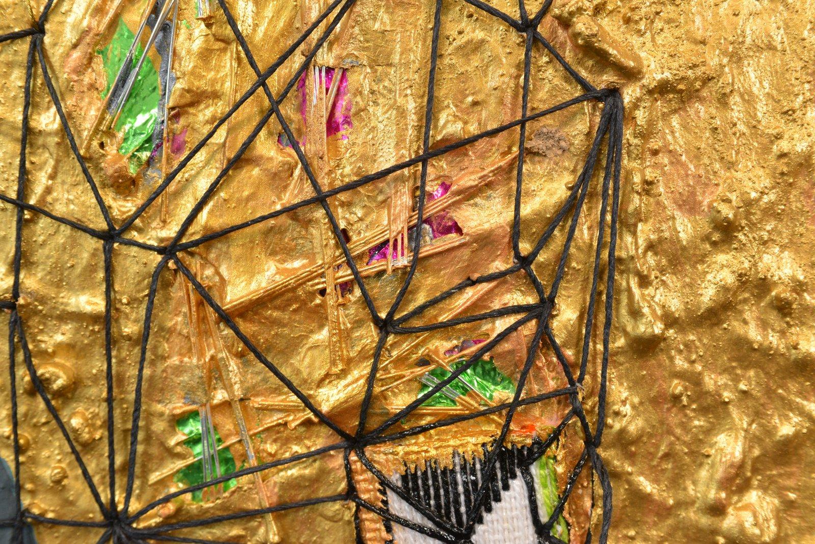 “The Rubble” series consists of seven tapestry-like
paintings hanging from hand-wrapped dowels. The color choice and materials
identify what can be destroyed, re-formed, and at some point, turned into
connected forms; a reminder of the fragility of