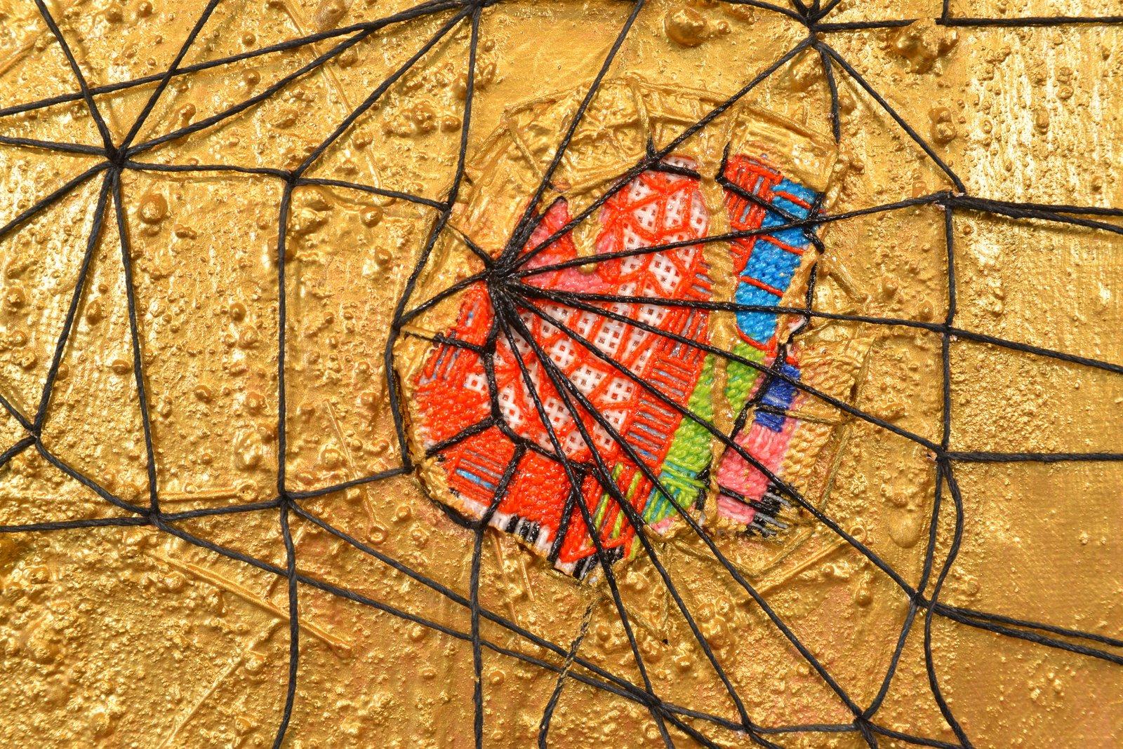 “The Rubble” series consists of seven tapestry-like
paintings hanging from hand-wrapped dowels. The color choice and materials
identify what can be destroyed, re-formed, and at some point, turned into
connected forms; a reminder of the fragility of