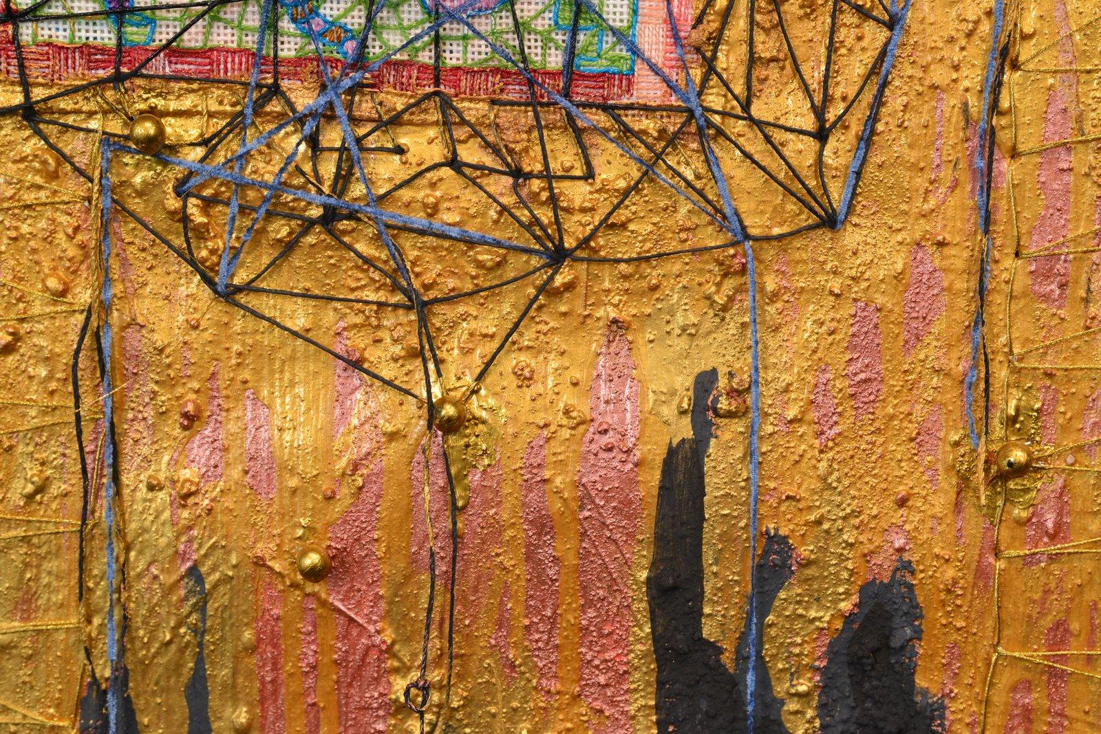 “The Rubble” series consists of seven tapestry-like
paintings hanging from hand-wrapped dowels. The color choice and materials
identify what can be destroyed, re-formed, and at some point, turned into
connected forms; a reminder of the fragility of
