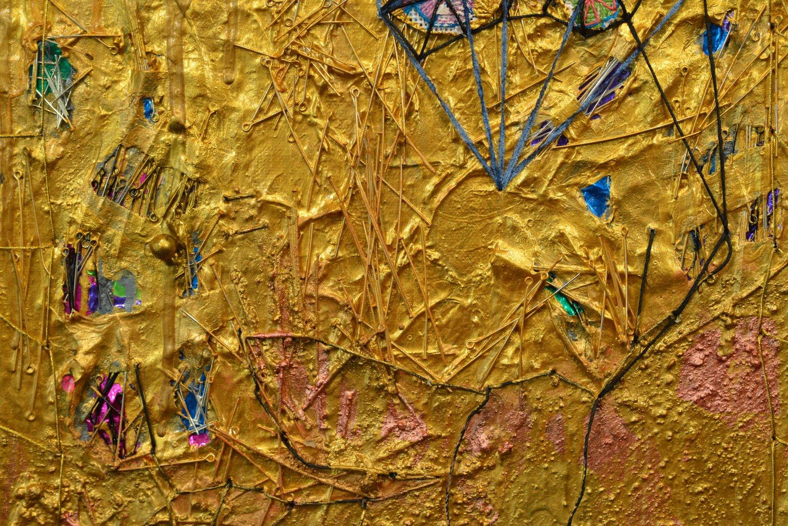 “The Rubble” series consists of seven tapestry-like
paintings hanging from hand-wrapped dowels. The color choice and materials
identify what can be destroyed, re-formed, and at some point, turned into
connected forms; a reminder of the fragility of