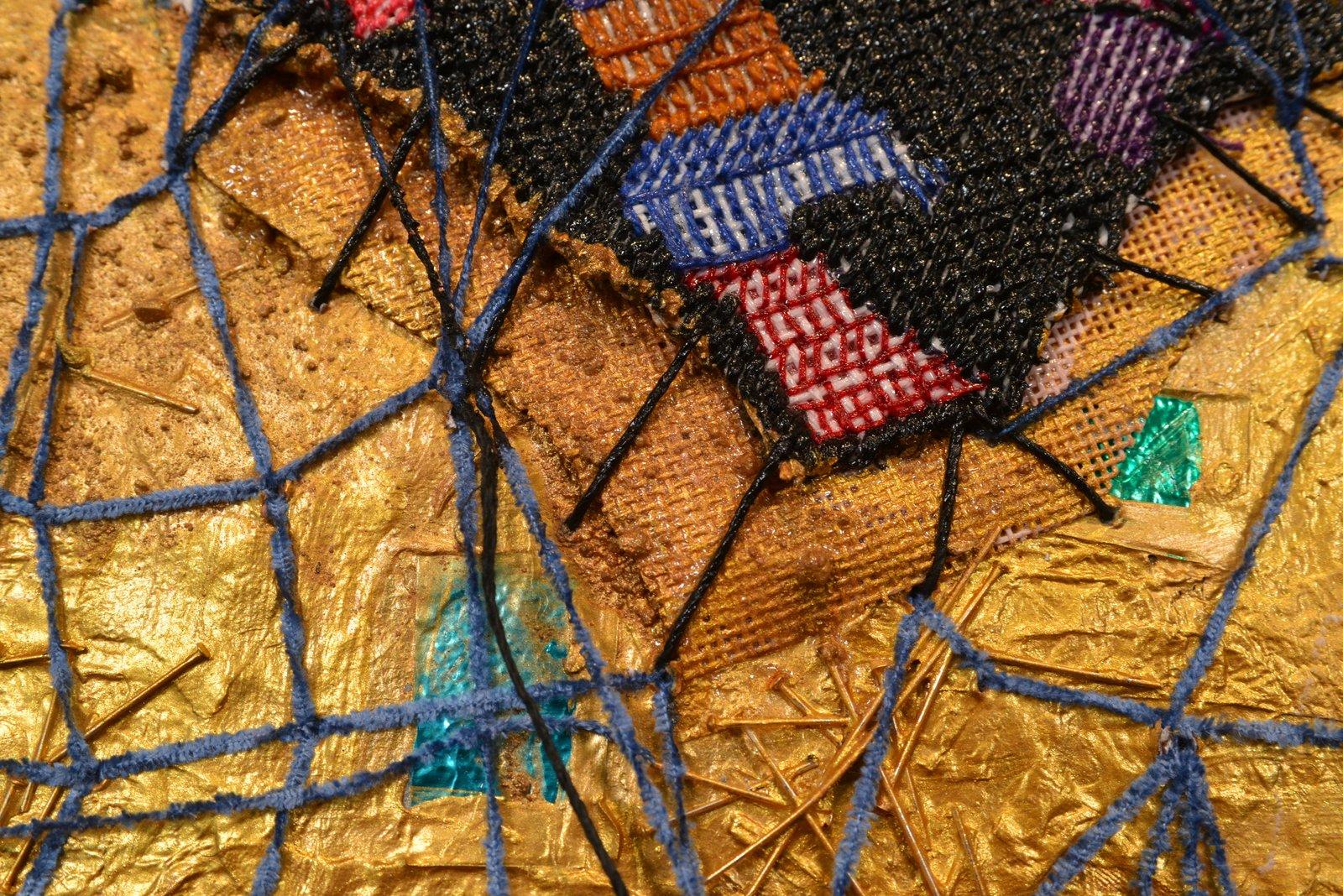 “The Rubble” series consists of seven tapestry-like
paintings hanging from hand-wrapped dowels. The color choice and materials
identify what can be destroyed, re-formed, and at some point, turned into
connected forms; a reminder of the fragility of